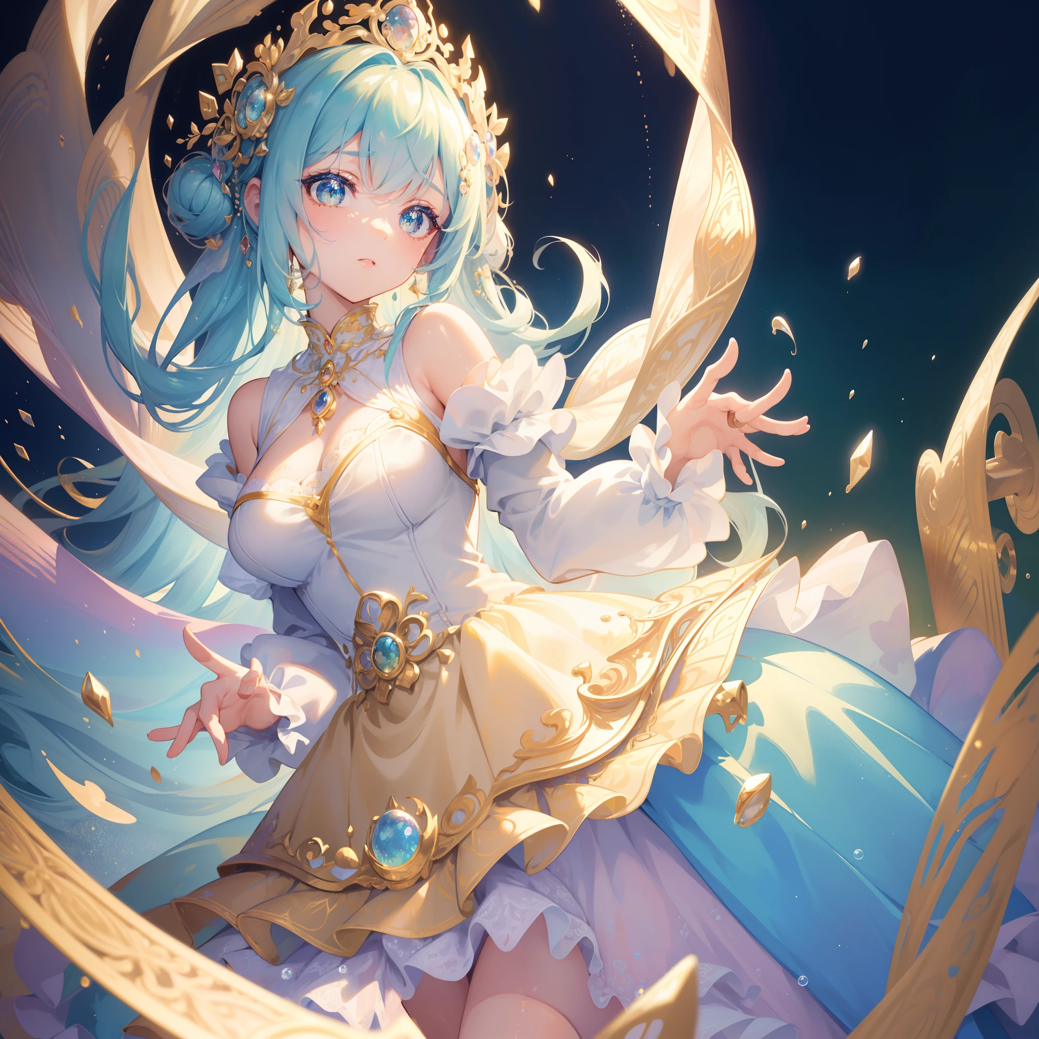 masterpiece, best quality, 8k resolution, sharp focus, intricate detail, beautiful girl, sparkling eyes, golden ratio face, otherworldly liquid, watercolor, pastel colors, bright colors, whimsical, colorful, sharp focus, high resolution, fine detail, ((layered tiered puffy long sleeves ballgown)), ((round eyes)), iridescent bubbles, fantasia background