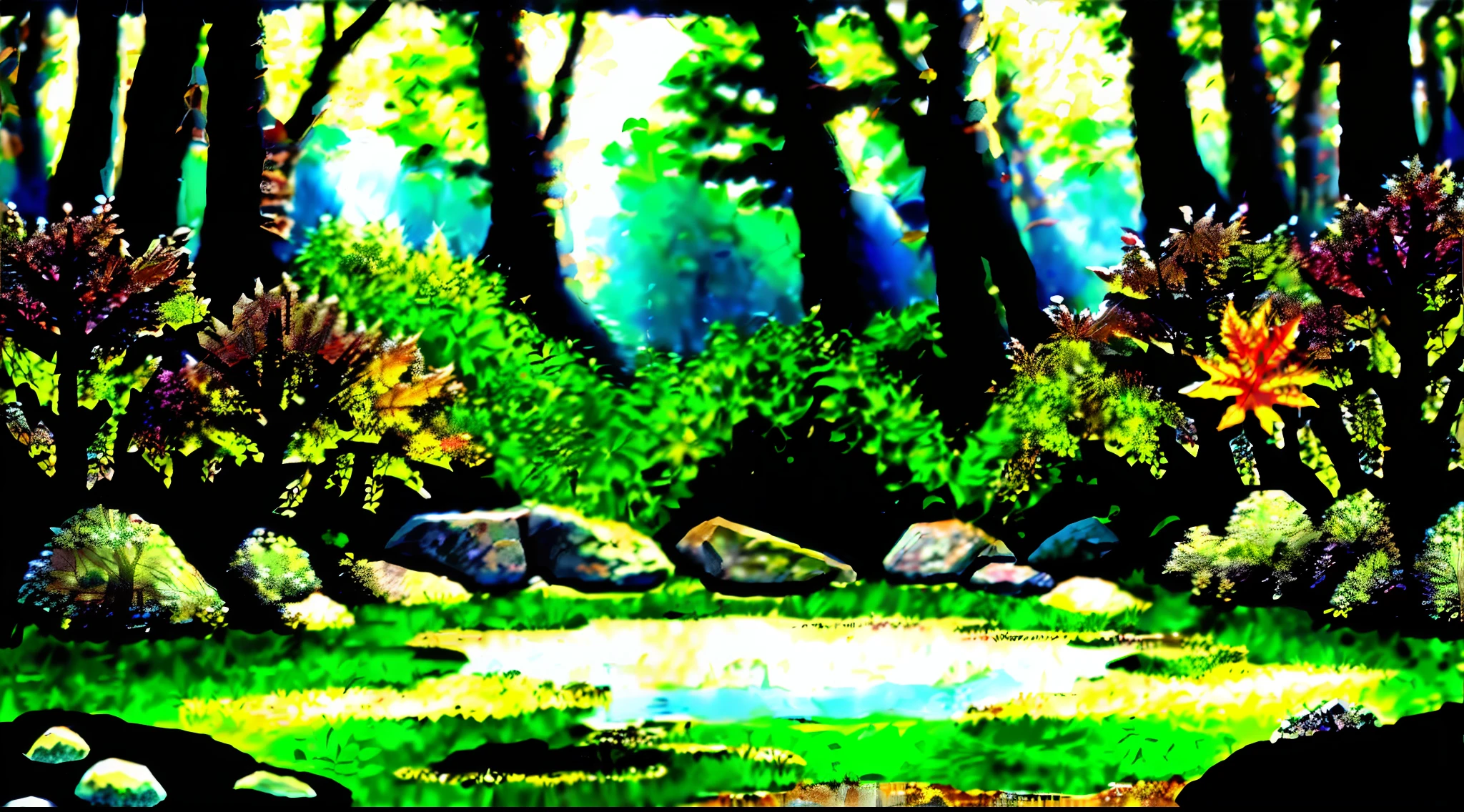On both sides are maple forests,There is a stream running through it in the middle,The creek has many stones,On the stone stood a man,The person is in the middle position,People are sideways and face is sideways to look at me,ultraclear,There are falling maple leaves,The picture ratio is 16:9