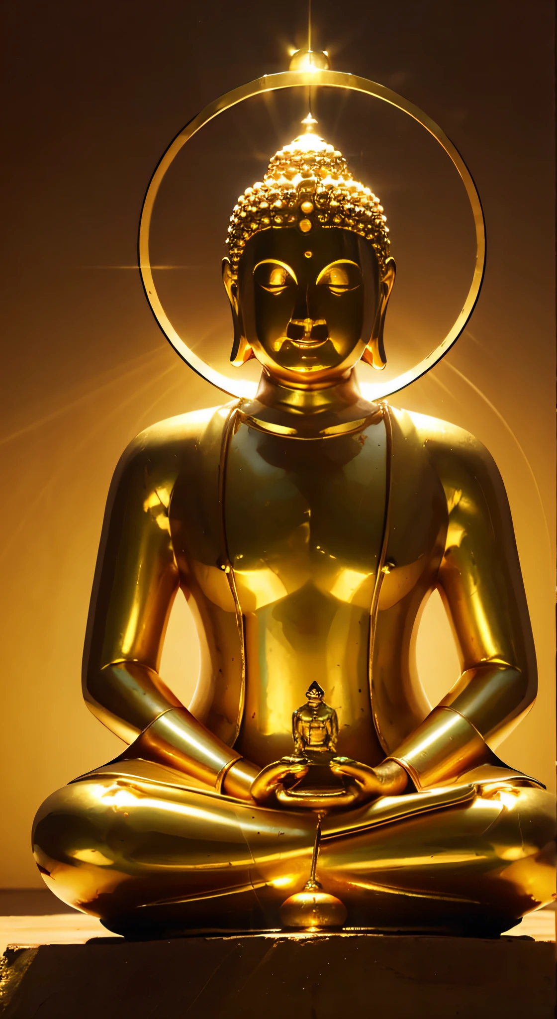 Golden Buddha statue with a shining halo, buddhism, the buddha, budista, Buddha, samsara, Enlightenment, beautiful gold saint, Spiritual enlightenment, Pushkaraka, Enlightenment, buddhist art, Shining golden aura, Enlightenment. Convoluted, on path to enlightenment, on path to enlightenment, radiating golden light