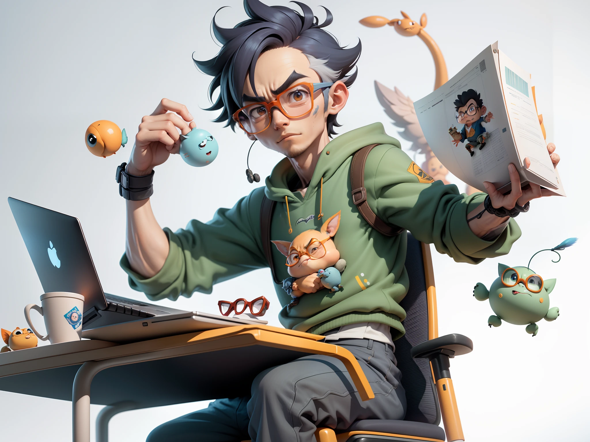 A young man with glasses sits at his desk,holding laptop,digitial painting,3D character design by Mark Clairen and Pixar and Hayao Miyazaki and Akira Toriyama,4K HD illustration,Very detailed facial features and cartoon-style visuals。