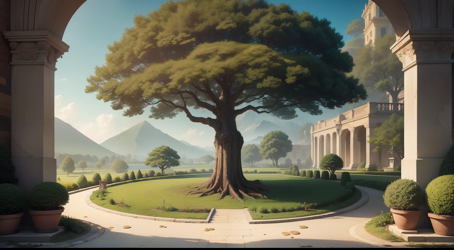A landscape with a large money tree and several gold coins on the ground