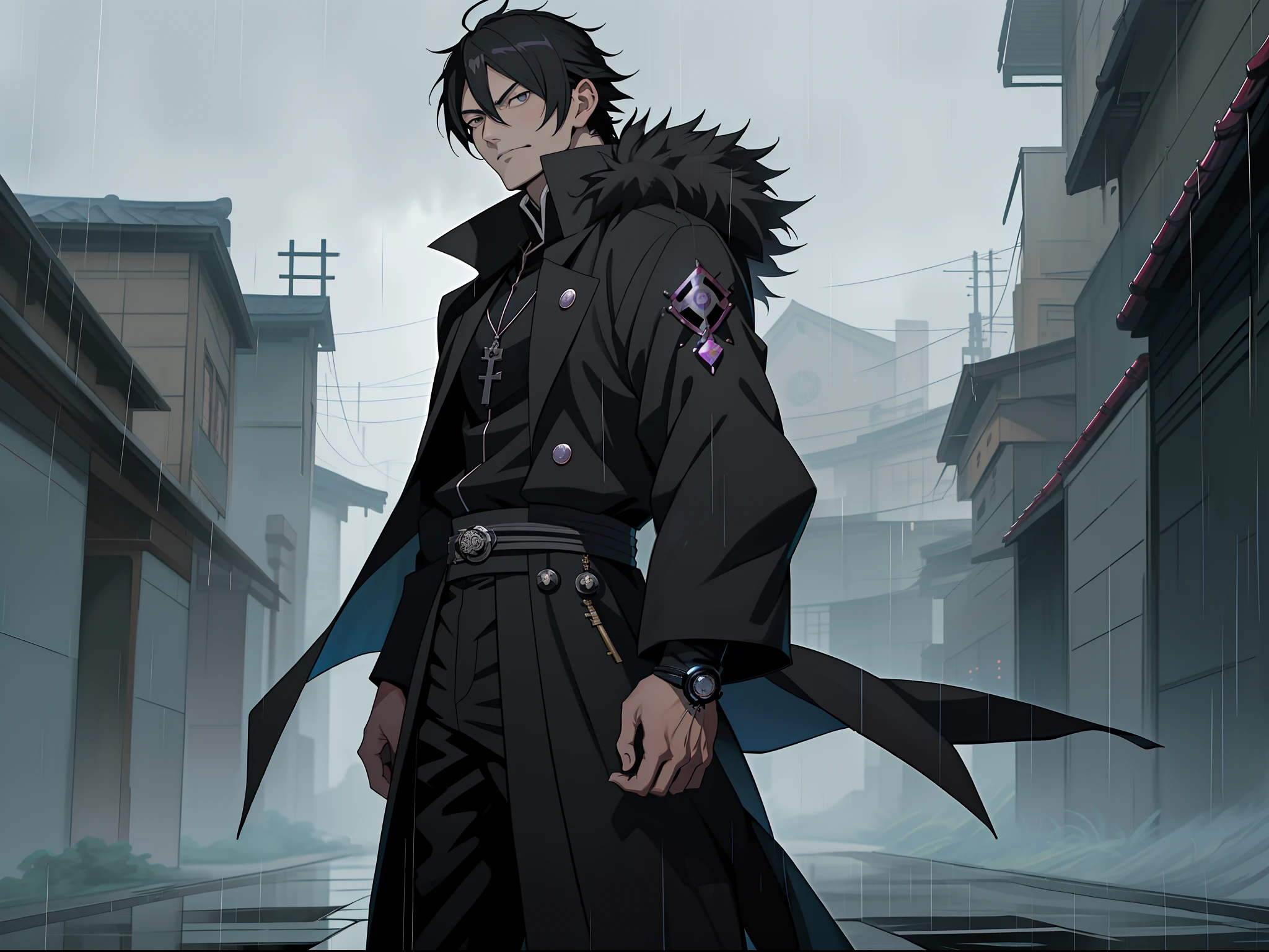 Anime man standing in the rain in a black fur coat, Black eyes，inspirado em Okumura Masanobu, Kazuto Okada。, nobutaka ike, Badass anime 8 K, Anime handsome man, Anime portrait of a handsome man, anime concept hdr anime macmanus, Key anime art, male anime character, inspired by Yamagata Hiro