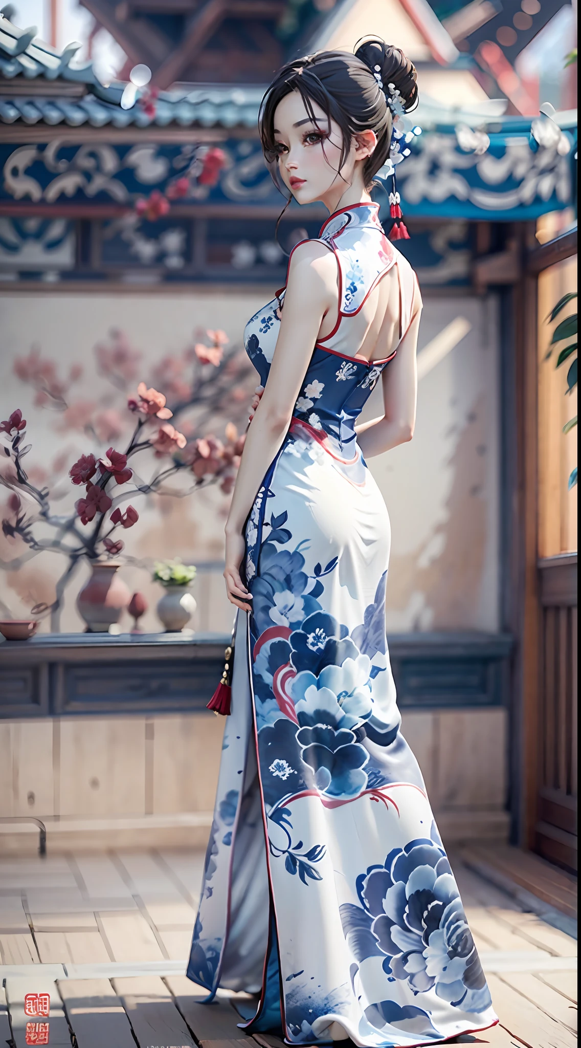 Ink wind，ink，water ink，Smudge，（Blue and white porcelain style：1.5），Jingdezhen porcelain，（Cheongsam beauty：1.4），A half body，closeup cleavage，The eyes are sharply focused，Modern cheongsam，high-heels，the setting sun，Blue and white porcelain，Ancient buildings are scattered，Works of masters，super-fine，high qulity，8K分辨率