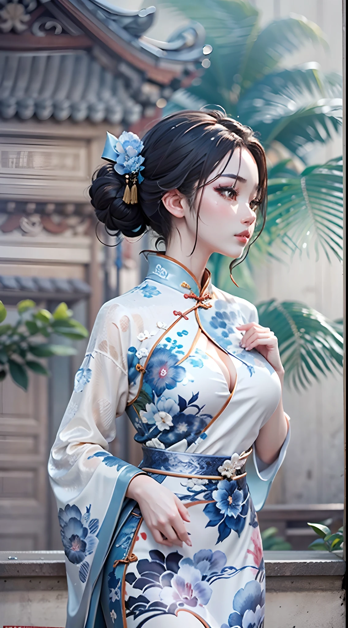 Ink wind，ink，water ink，Smudge，（Blue and white porcelain style：1.5），Jingdezhen porcelain，（Cheongsam beauty：1.4），A half body，closeup cleavage，The eyes are sharply focused，Modern cheongsam，high-heels，the setting sun，Blue and white porcelain，Ancient buildings are scattered，Works of masters，super-fine，high qulity，8K分辨率