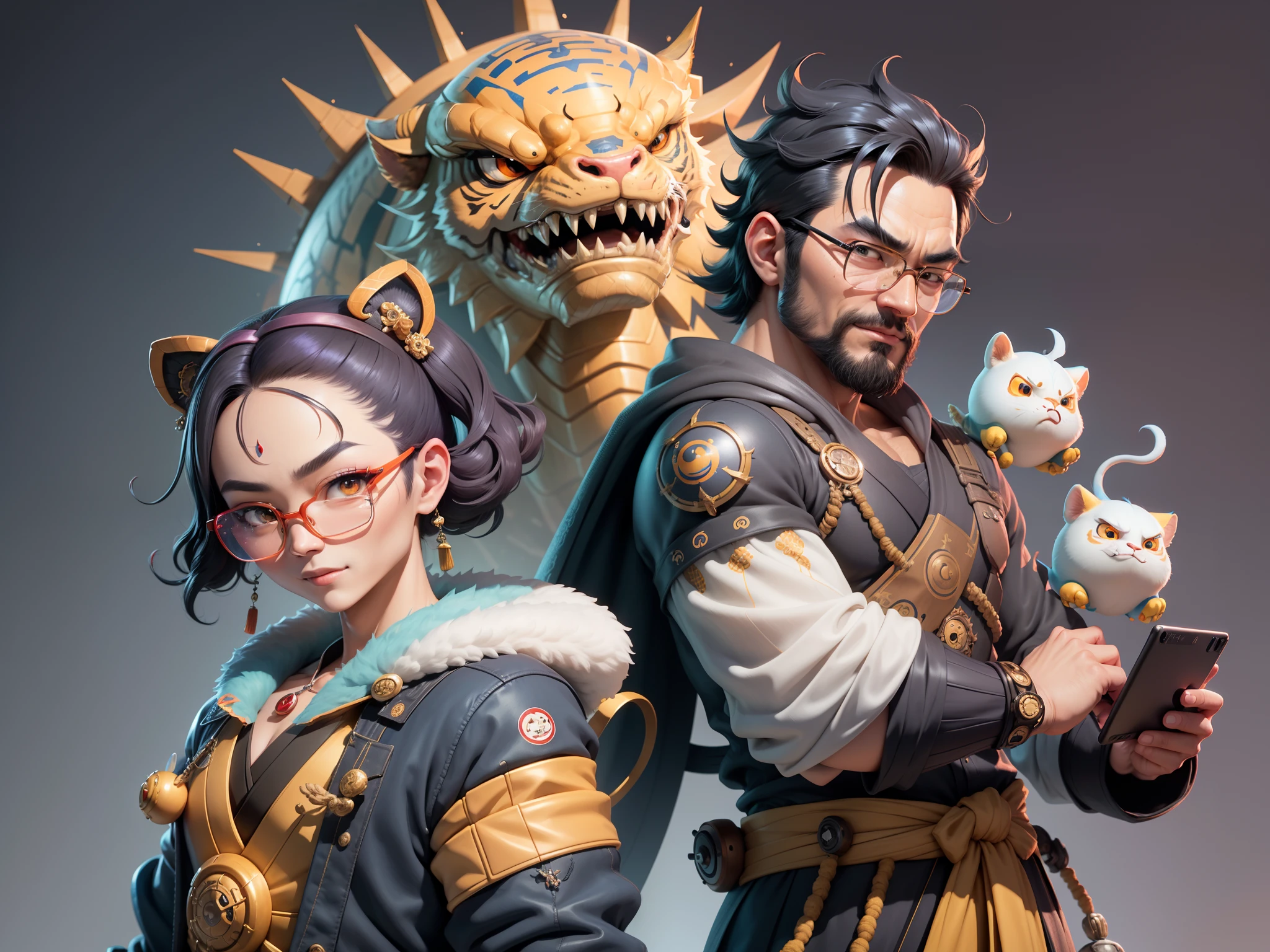 (Masterpiece), (Excellent), (Super Meticulous), (Full Body: 1.2), Super Young Man with Japanese Female Geisha, Pretty, Beautiful, Chinese Dragon, Tiger, Wind God Thor, Sexy, Bursting, Oriental Face, TV Anchor, Bust Portrait Illustration, Black Suit, Blue Tie, Slightly Chubby Face, Silver Glasses, Very Clean Face, No Beard on Chin, Black Super Short Hair, Black Eyes, Confident Smile, 3c Computer Sub-Products, iPad, iPhone, Digital Painting, 3D character design by Mark Clairedon and Pixar and Hayao Miyazaki and Akira Toriyama, the illustrations are HD illustrations in 4K resolution with highly detailed facial features and cartoon-style visuals.