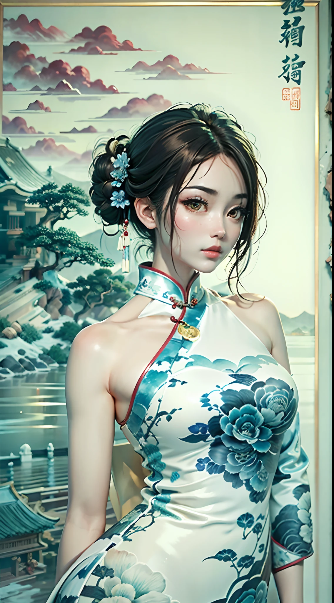 Ink wind，ink，water ink，Smudge，（Blue and white porcelain style：1.5），Jingdezhen porcelain，（Cheongsam beauty：1.4），A half body，closeup cleavage，The eyes are sharply focused，Modern cheongsam，high-heels，the setting sun，Blue and white porcelain，Ancient buildings are scattered，Works of masters，super-fine，high qulity，8K分辨率