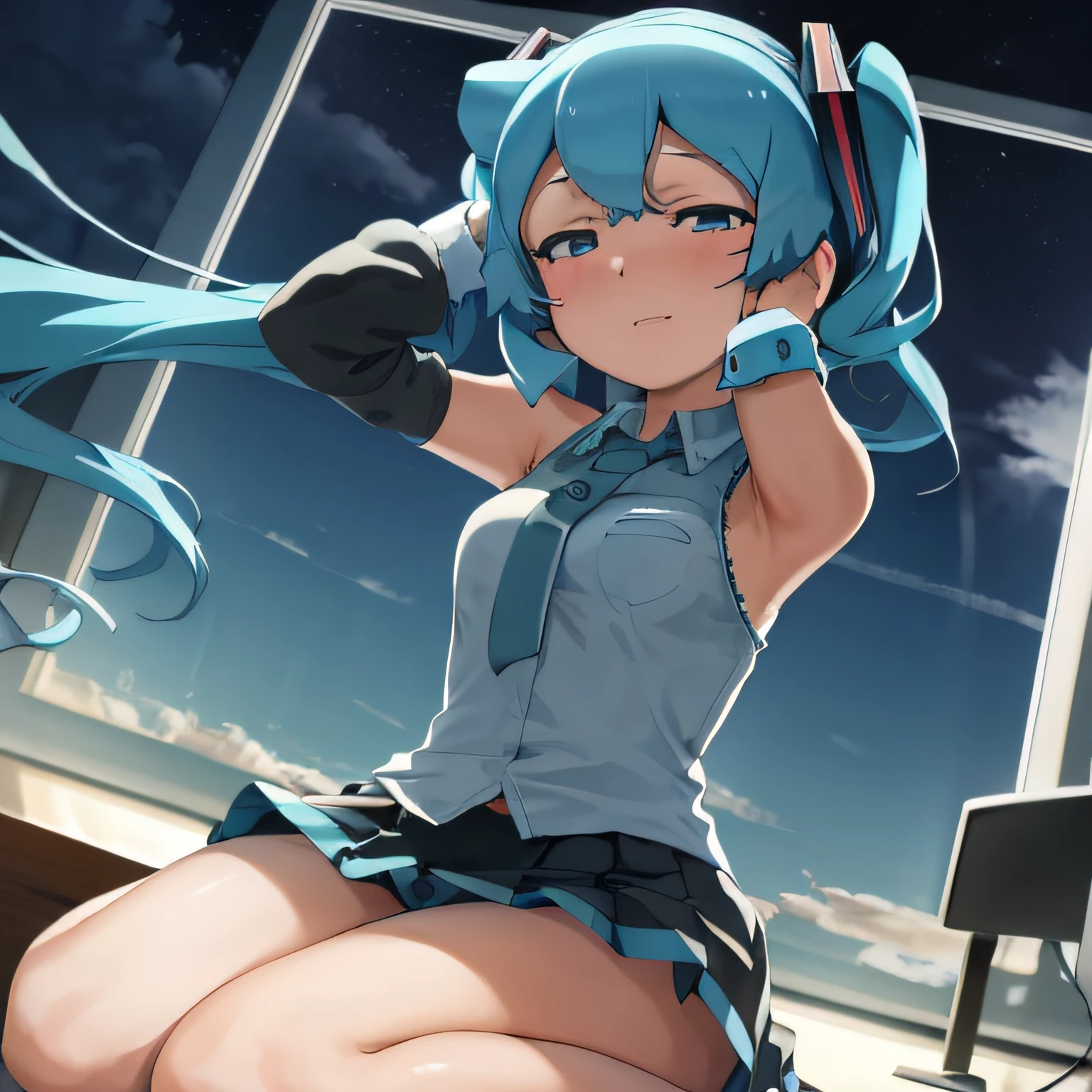 obra maestra, best_quality, 1girl, solo, abmayo, hatsune miku, fondo, escritorio, computadora, noche