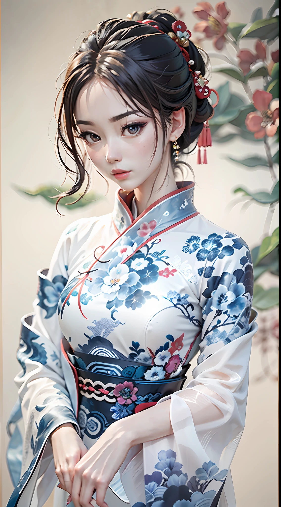 Ink wind，ink，water ink，Smudge，（Blue and white porcelain style：1.5），Jingdezhen porcelain，（Cheongsam beauty：1.4），A half body，closeup cleavage，sharp focus on eyes，Modern cheongsam，Blue and white porcelain，Ancient buildings are scattered，Works of masters，super-fine，high qulity，8K分辨率