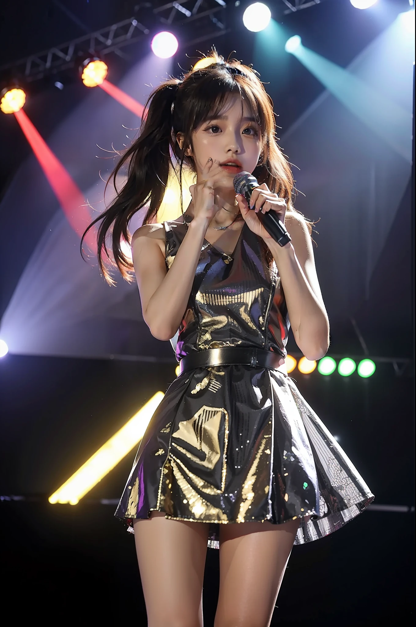 idoly，Korean girl group，Stage costumes，be on stage，holding a mic，of a real，tmasterpiece。multicolored lights。