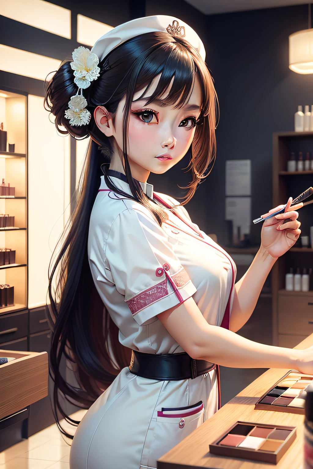 Beauty shop guide girl,at centre,Critical vision,复杂,highly detailed,breath taking beauty,precise lineart,with dynamism,Beauty shop interior,A variety of skincare cosmetics are on display,