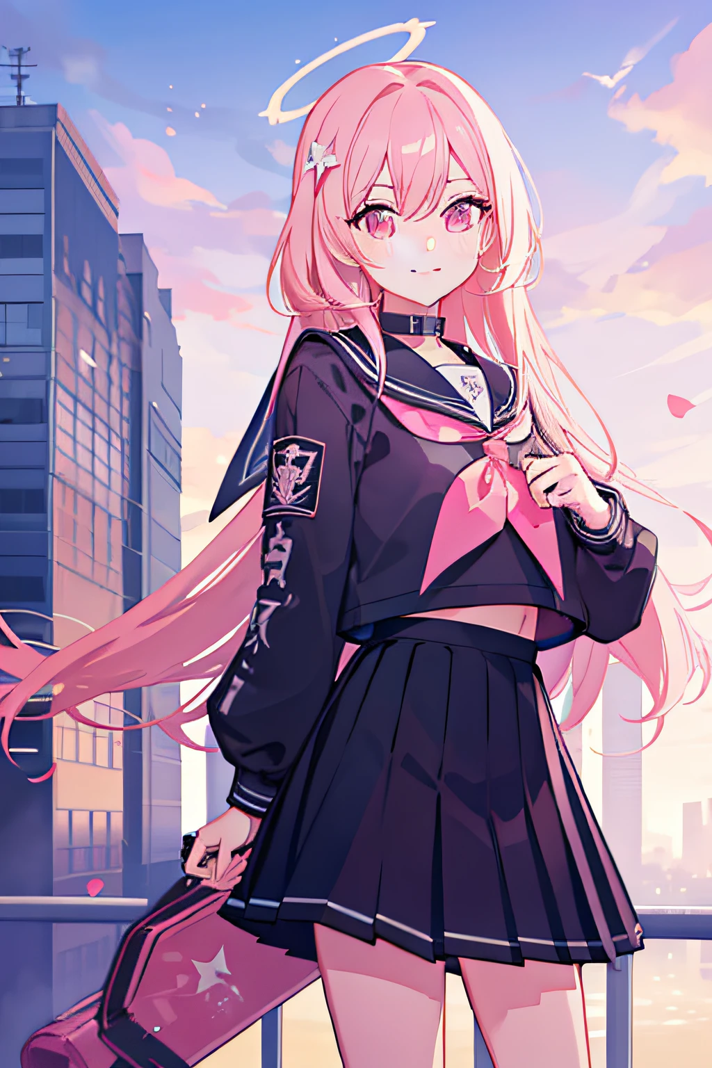 1girl, solo, pink hair, school uniform, skirt, halo, looking at viewer, long hair, straight hair, smile, pleated skirt, pink eyes, black serafuku, hair between eyes, neckerchief, sailor collar, outdoors, wings, red neckerchief, blush, long sleeves, black skirt, head wings, angel ring, alternate hairstyle, building, closed mouth