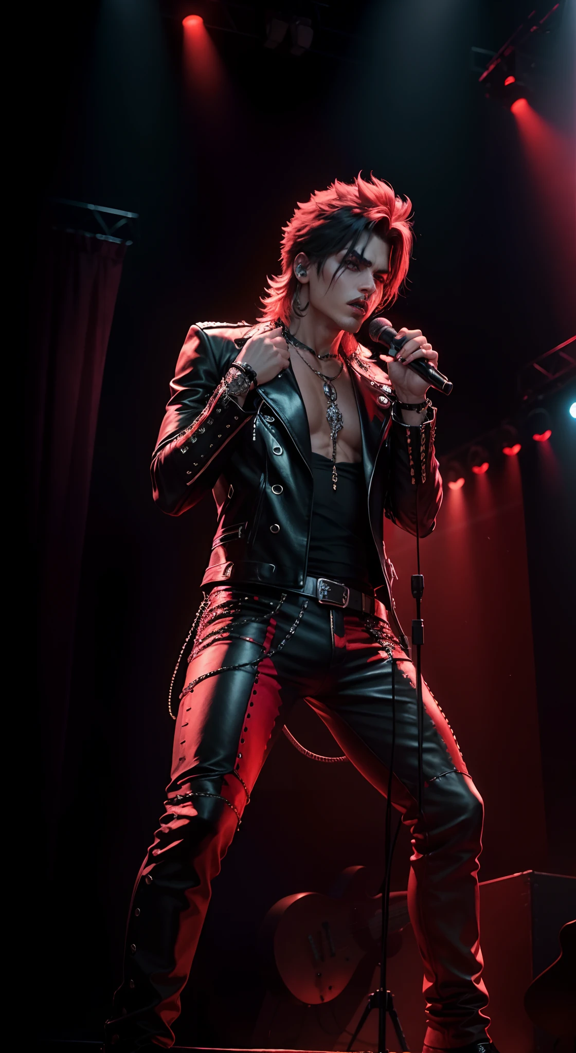 A male rock idol on stage, dressed in edgy stage attire, gripping a microphone, captured in a full-body shot. fiery atmosphere, bold colors, masculine charisma, masterpiece,UHD