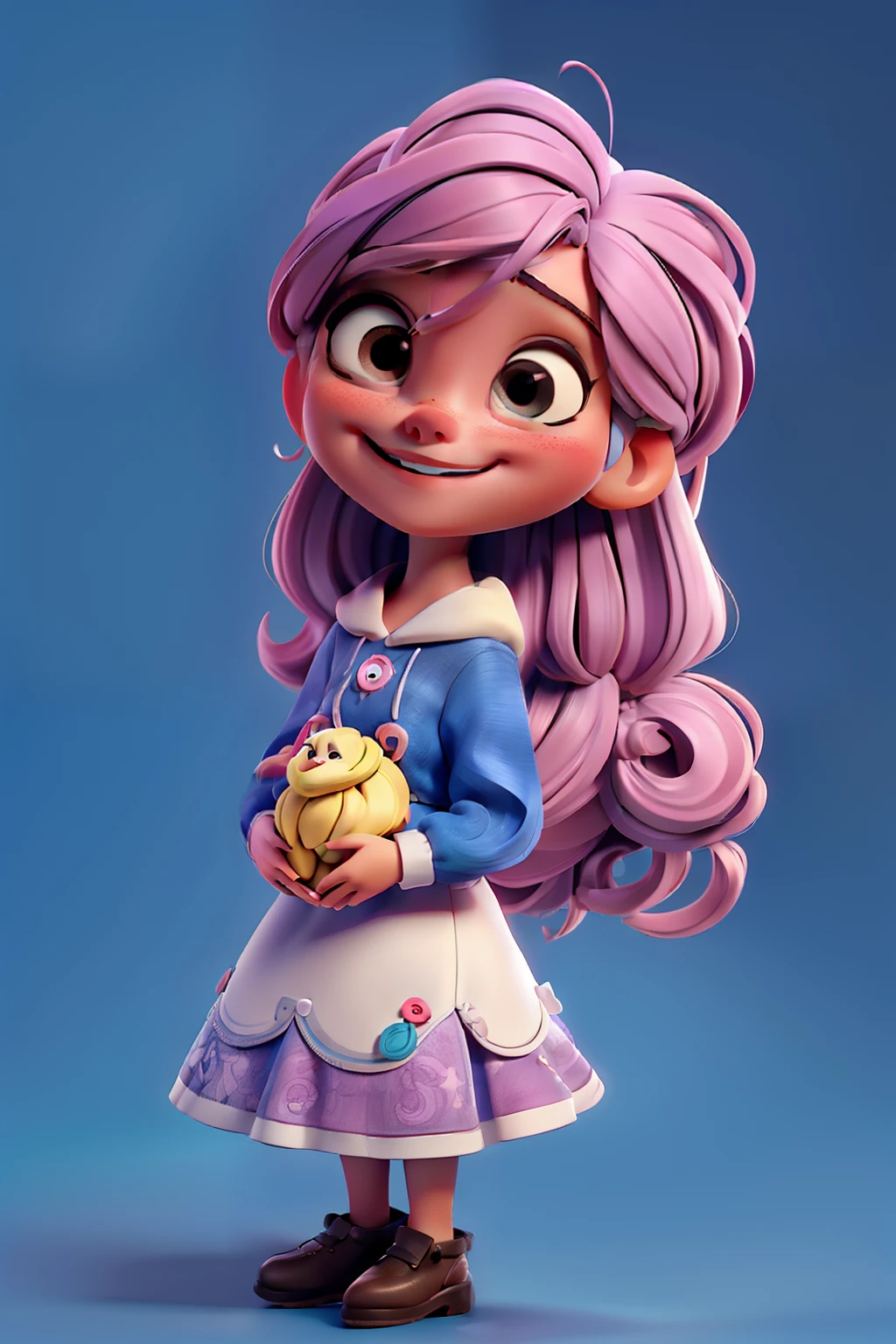 Personagem menina de cabelos amarelos, (( sorriso meigo)),olhos encantadores, imagem detalhada, roupa de tecido peludinha, segurando uma mohila