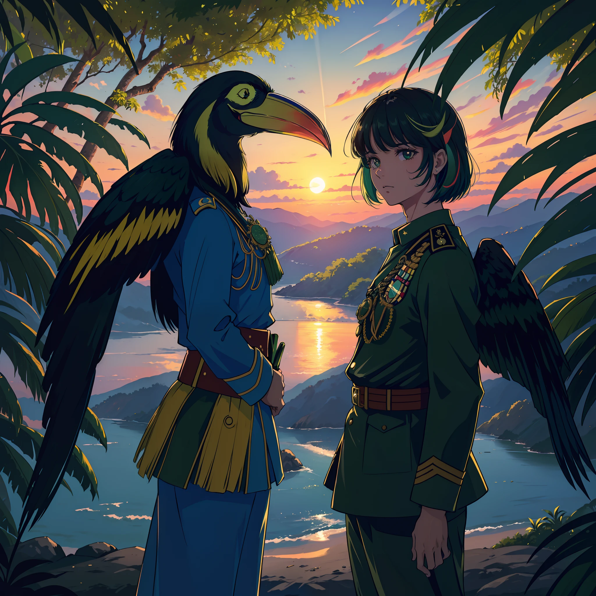 (Obra prima), (Ultra resolution), (background com floresta tropical densa, castelo no fundo, um poste iluminando), (The sun is setting), (solo), (rapaz de cabelos militar, birthmark on right eye, rapaz com uniforme militar, uniforme militar estiloso e verde, Military uniform with toucan props), (rapaz olhando para frente com raiva), (expression of seriousness), (dynamic camera), (Cinematic colors), (distopia), (cores escuras e densas)