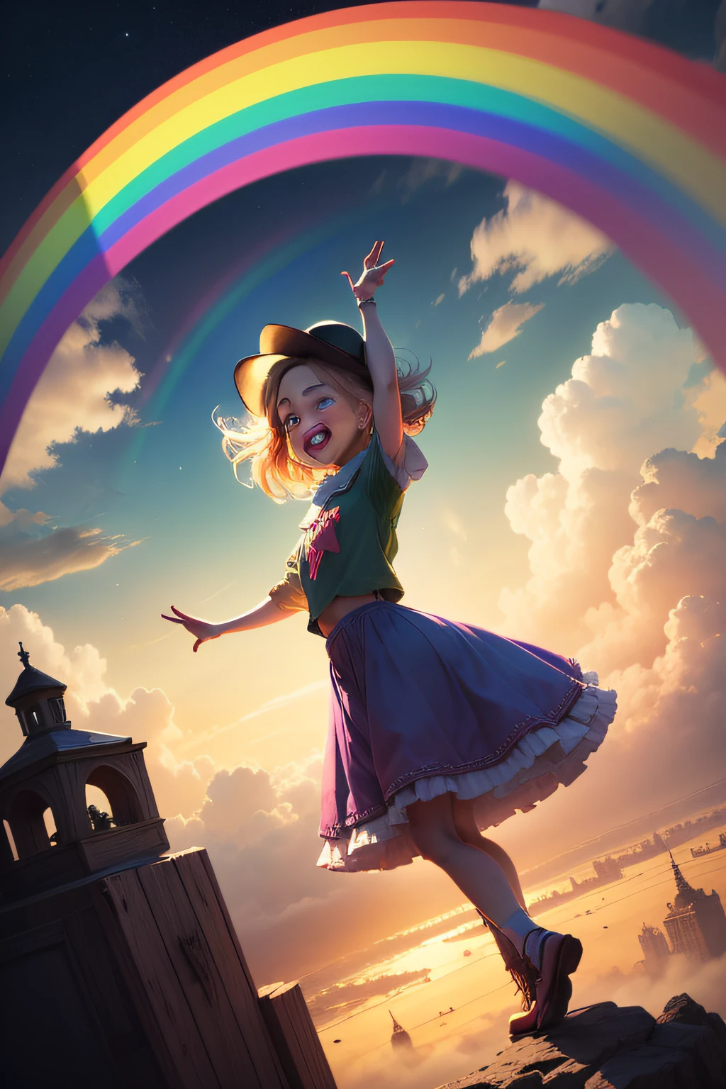 a little rainbow named Rosie, Rosie lived high up in the sky, and her colorful arch stretched far and wide, bringing joy to all who saw her, cartoon