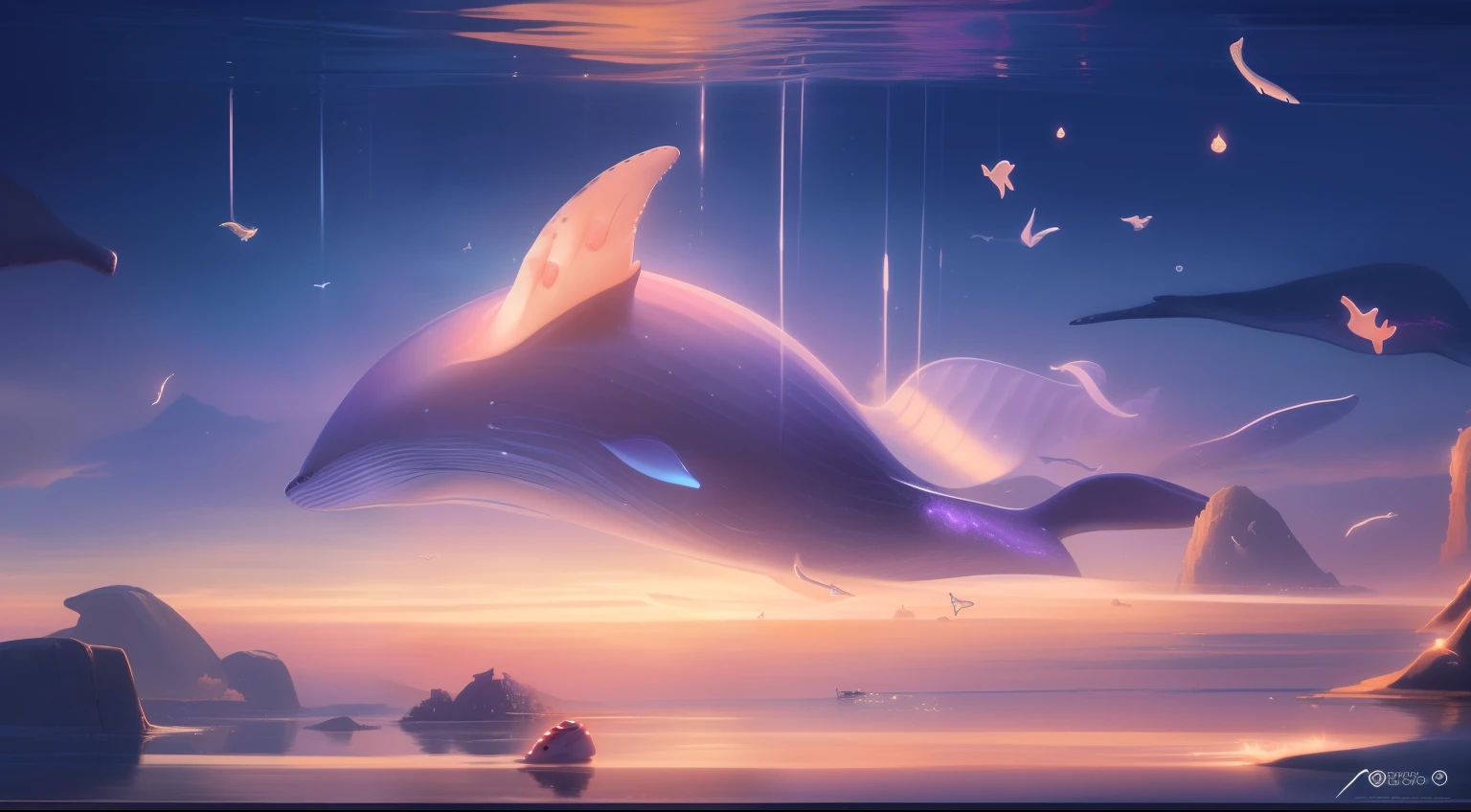 There is a whale floating in the water, Makoto Shinkai Cyril Rolando, Inspired by Cyril Rolando, glimmering whale, cyril rolando and goro fujita, in the style of Cyril Rolando, atey ghailan 8 k, author：Cyril Rolando, space magical whale, 4k highly detailed digital art, Beautiful digital artwork