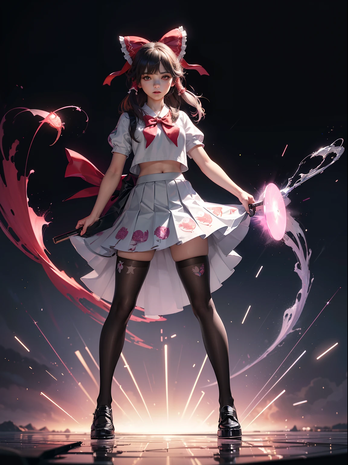 (full body:1.5)，(1girl:1.3),(looking at viewer:1.4)，(anatomy correct:1.3)，(In the paradise of the day:1.3),(Wearing The Reimu Hakurei suit JK uniform printed Ultra short pleated skirt and JK uniform leather shoes with bow decoration ，and Very thick Printed ****ta Pantyhose  :1.35), (Light particle effect:1.3),(In pink | amarelo | blue colors| green color |red colors | white colors| black in color| purpleish color| greys| Beige| Flesh color 1.4)，(Glowing eyes:1.3),(Large amplitude action: 1.3)，(Accurate and perfect face:1.4),(Clothing Gloss:1.25),(Skin reflection:1.25),hyper HD, Ray traching, reflective light，structurally correct, Award-Awarded, high detal, lightand shade contrast, Face lighting，cinmatic lighting, tmasterpiece, super detailing, high high quality, high detal, best qualityer, 16k，high contrast,