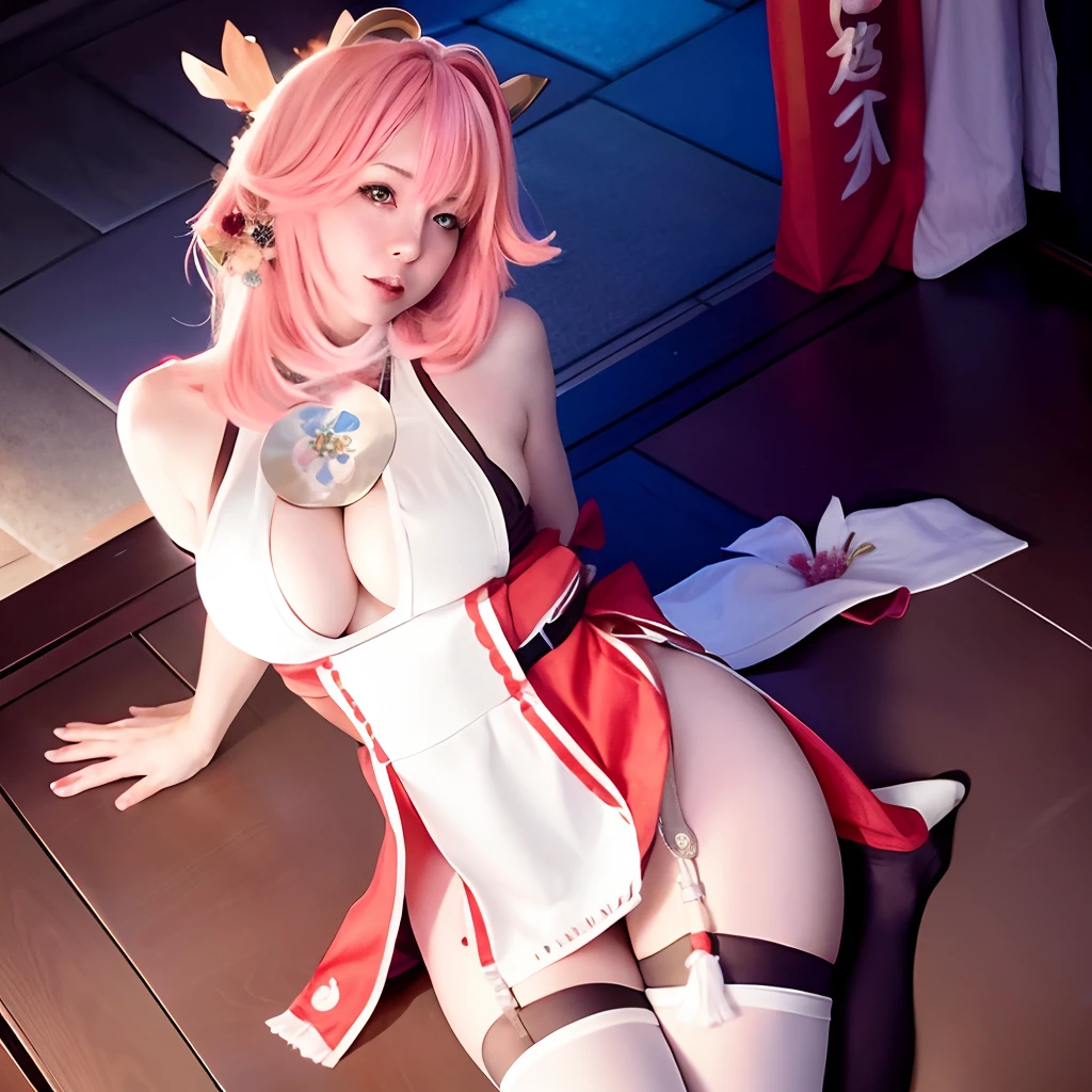 Realistic eyes, detailed shadow, view the viewer, Dog ears, Detailed lighting,(detailed hairs, photo-realistic hair, Realistic lighting, realistic shaded, realistic dress), Realistic skin, (Gun at the waist:1), Realistic reflection of light from above,((arms back behind)),(with hands behind her back),tube top,Sexy,Night,Stockings,Naked,Bigboobs,big breast,Cherry blossoms, White skirt, White dress,full bodyesbian,A Japanese shrine,Pink filter element