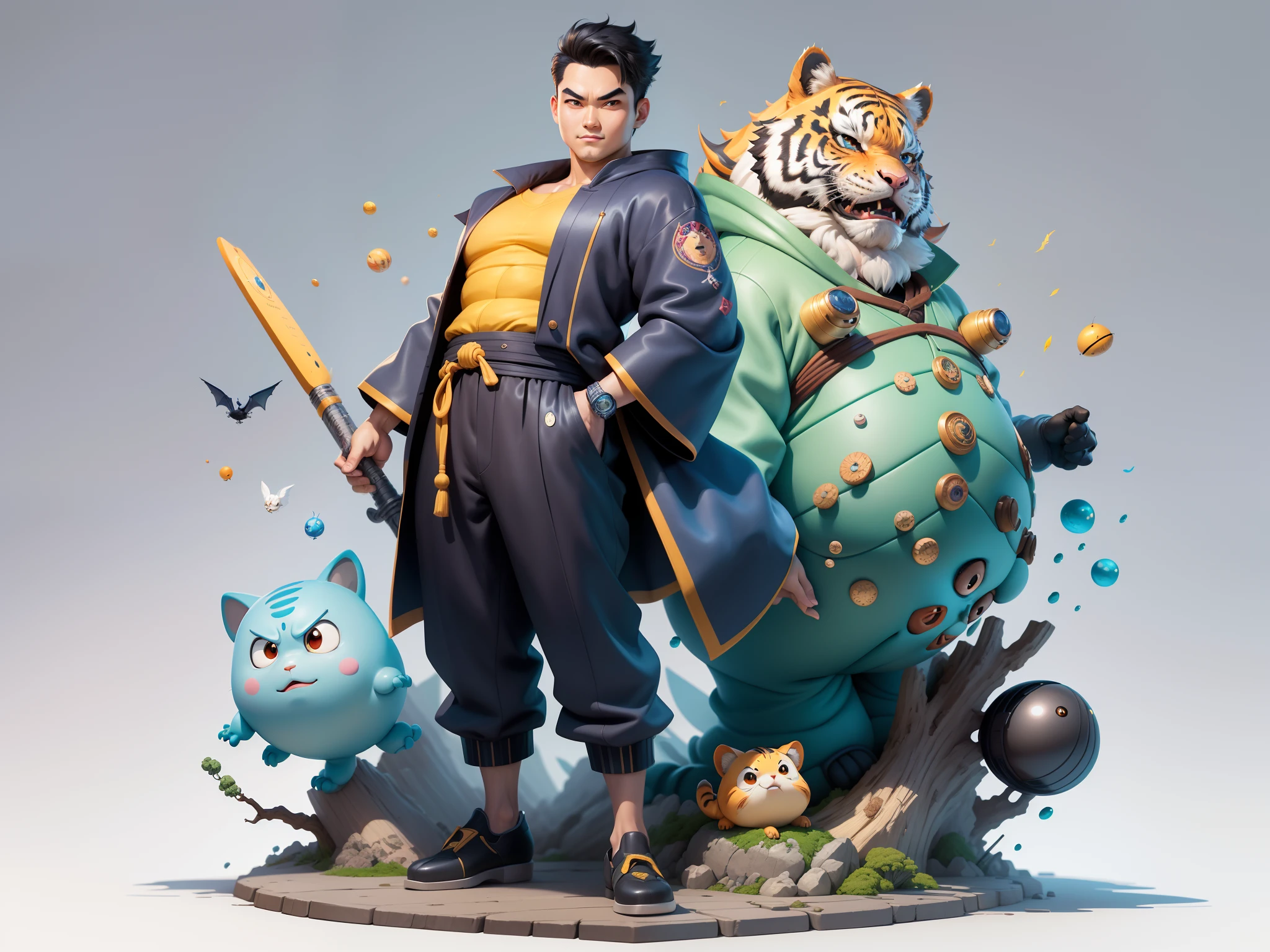 (Masterpiece), (Excellent), (Super Meticulous), (Full Body: 1.2), Super Young Man, Oriental Face, Japanese Kimono, Japanese Wind Thunder God, Dragon, Tiger, TV Anchor, Bust Portrait Illustration, Alone, Black Suit, Blue Tie, Slightly Chubby Face, Very Clean Face, No Beard, Black Super Short Hair, Black Eyes, Confident Smile, 3c Computer Sub-Products, iPad, iPhone, Digital Painting, 3D Character Design by Akira Toriyama and Mark Claireden and Pixar and Hayao Miyazaki, The illustration is a high-definition illustration in 4K resolution with very detailed facial features and cartoon-style visuals.