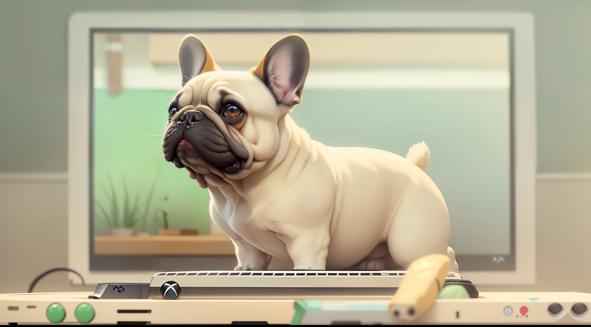 A cream-colored French bulldog plays on Microsoft's Xbox Series X console