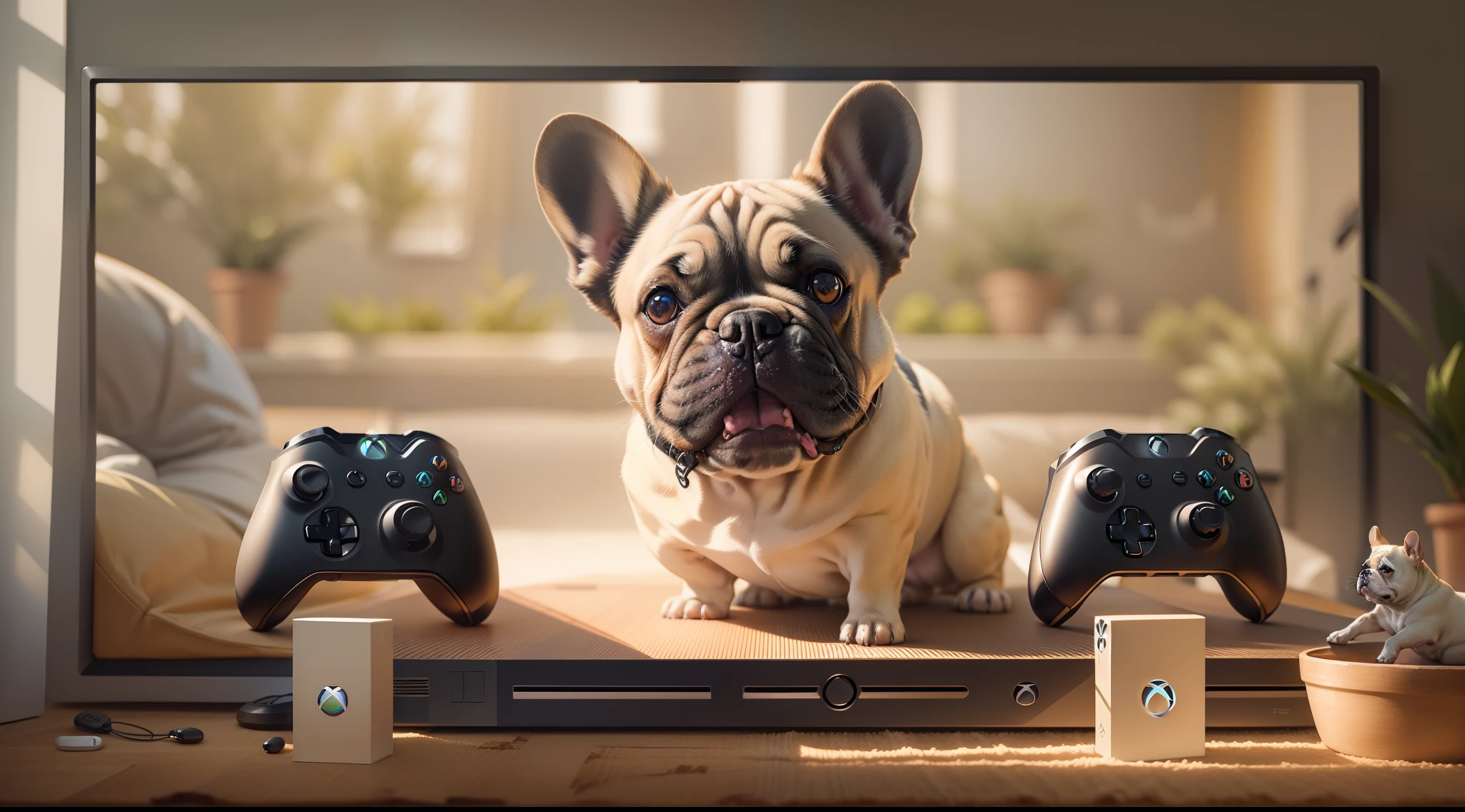 A cream-colored French bulldog plays on Microsoft's Xbox Series X console