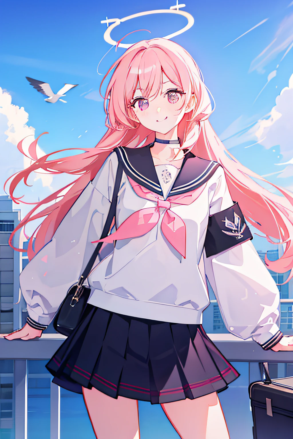 1girl, solo, pink hair, school uniform, skirt, halo, looking at viewer, long hair, straight hair, smile, pleated skirt, pink eyes, black serafuku, neckerchief, sailor collar, outdoors, wings, red neckerchief, blush, long sleeves, black skirt, head wings, angel ring, alternate hairstyle, building, closed mouth