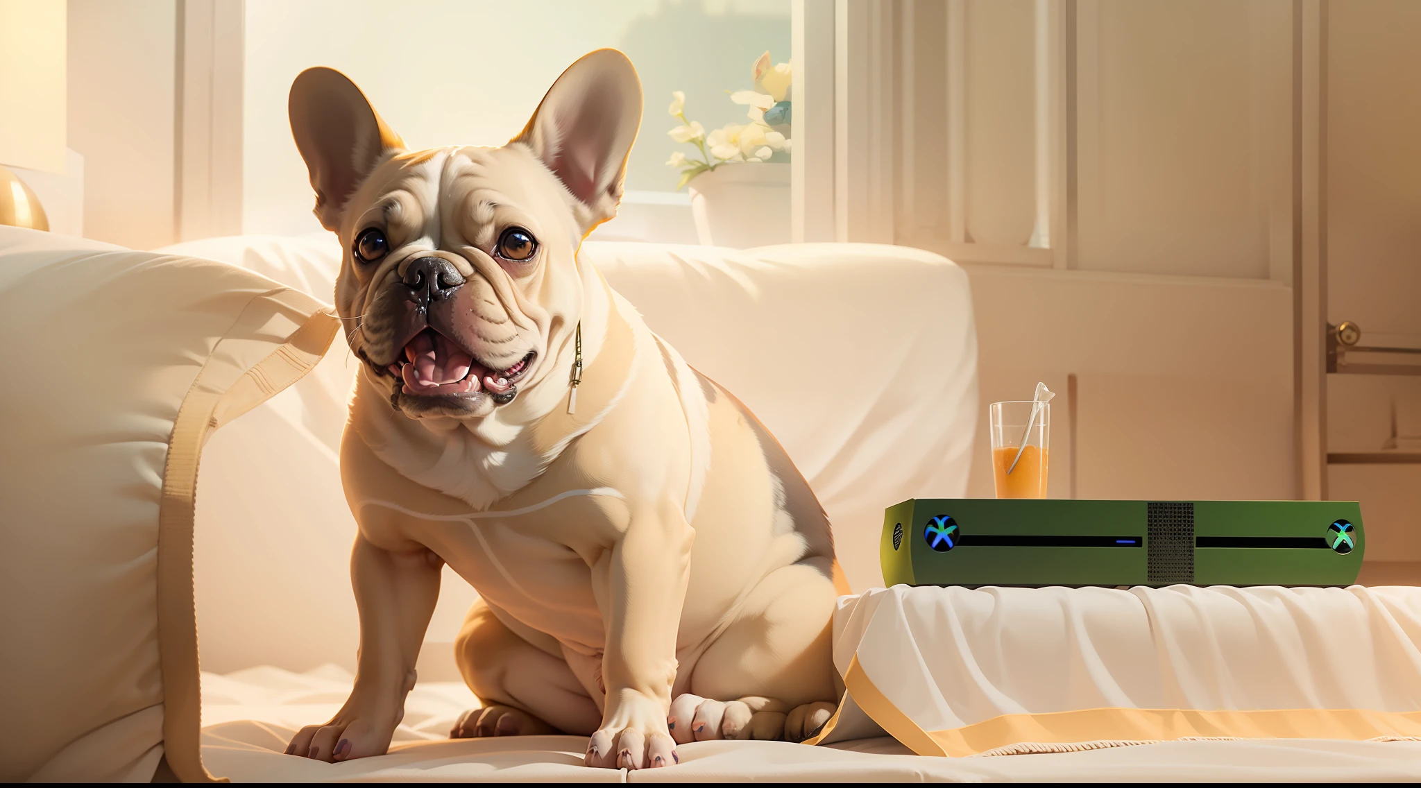 A cream-colored French bulldog plays on Microsoft's Xbox Series X console