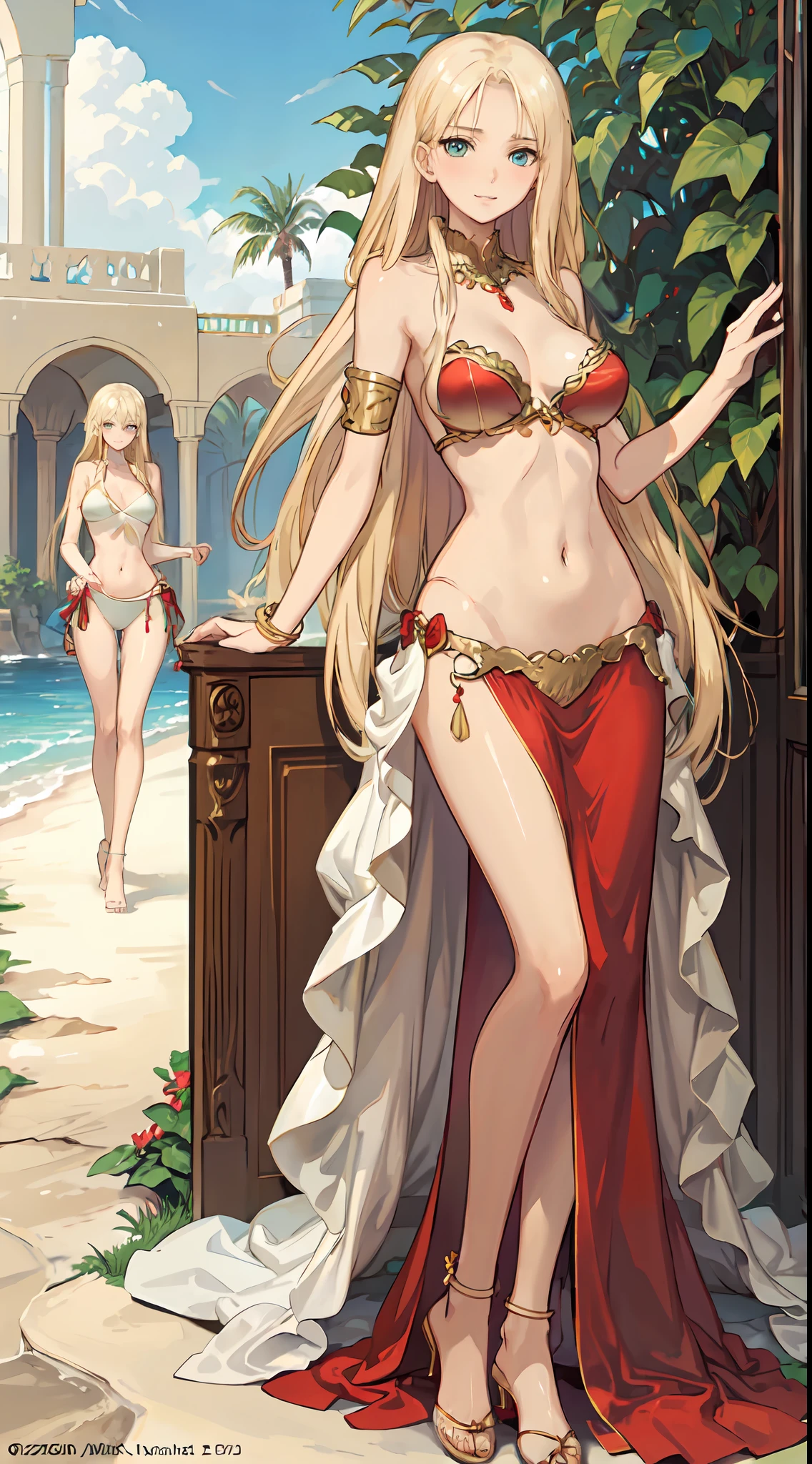 blonde hair, long hair, green eyes, with slender legs and an enticing beach pose, wearing a elegant red gown that shows off her navel, resembling an Arabian belly dancer. She has a short trimmed skirt and her flowing blonde hair is styled in a side ponytail. Her captivating blue eyes exude happiness, while her outfit highlights her alluring cleavage, happy