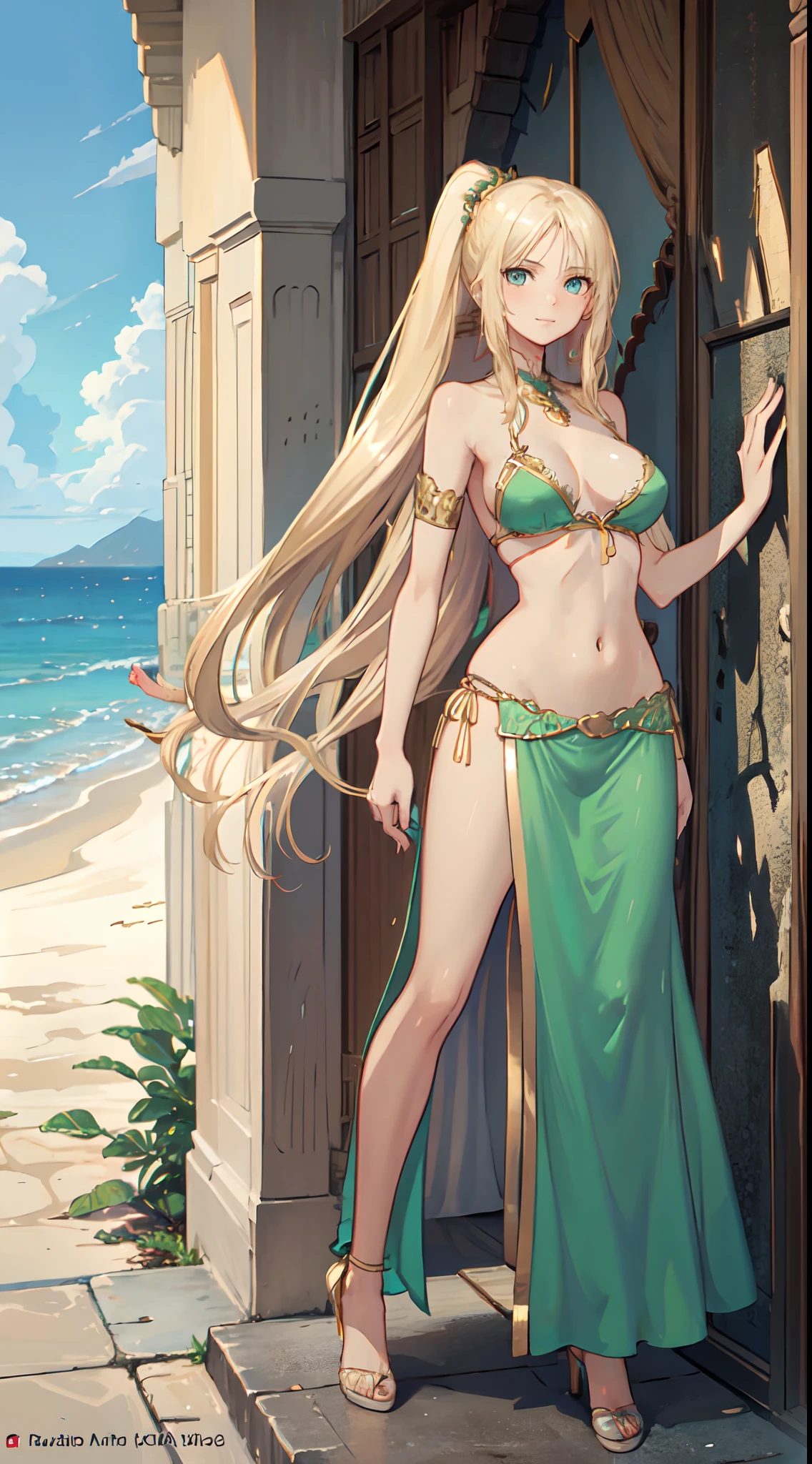 blonde hair, long hair, green eyes, with slender legs and an enticing beach pose, wearing a elegant red gown that shows off her navel, resembling an Arabian belly dancer. She has a short trimmed skirt and her flowing blonde hair is styled in a side ponytail. Her captivating blue eyes exude happiness, while her outfit highlights her alluring cleavage, happy