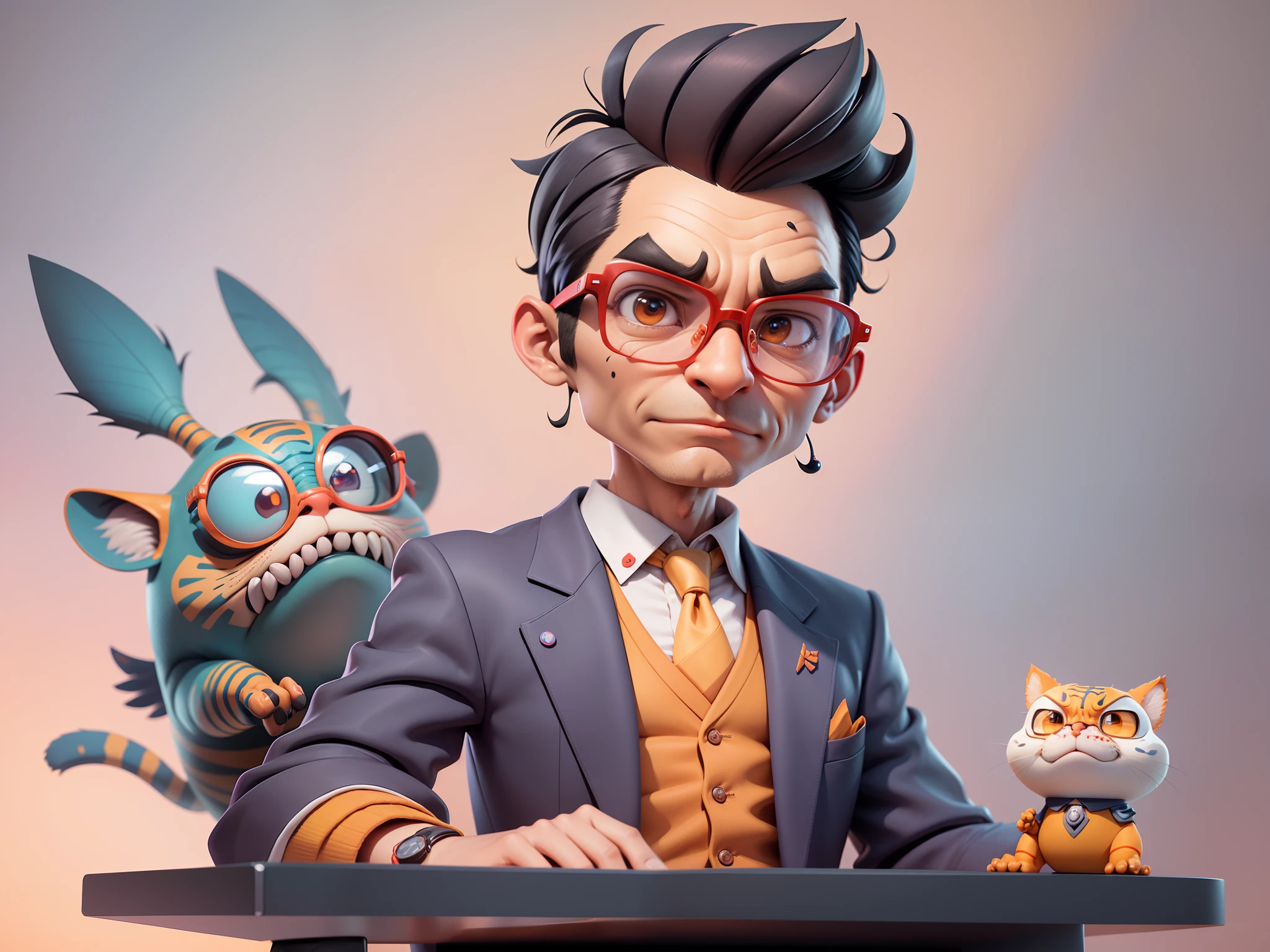 A young man in a suit, Short hair and glasses sat at his desk,holding laptop,digitial painting,tigre,3D character design by Mark Clairen and Pixar and Hayao Miyazaki and Akira Toriyama,4K HD illustration,Very detailed facial features and cartoon-style visuals。