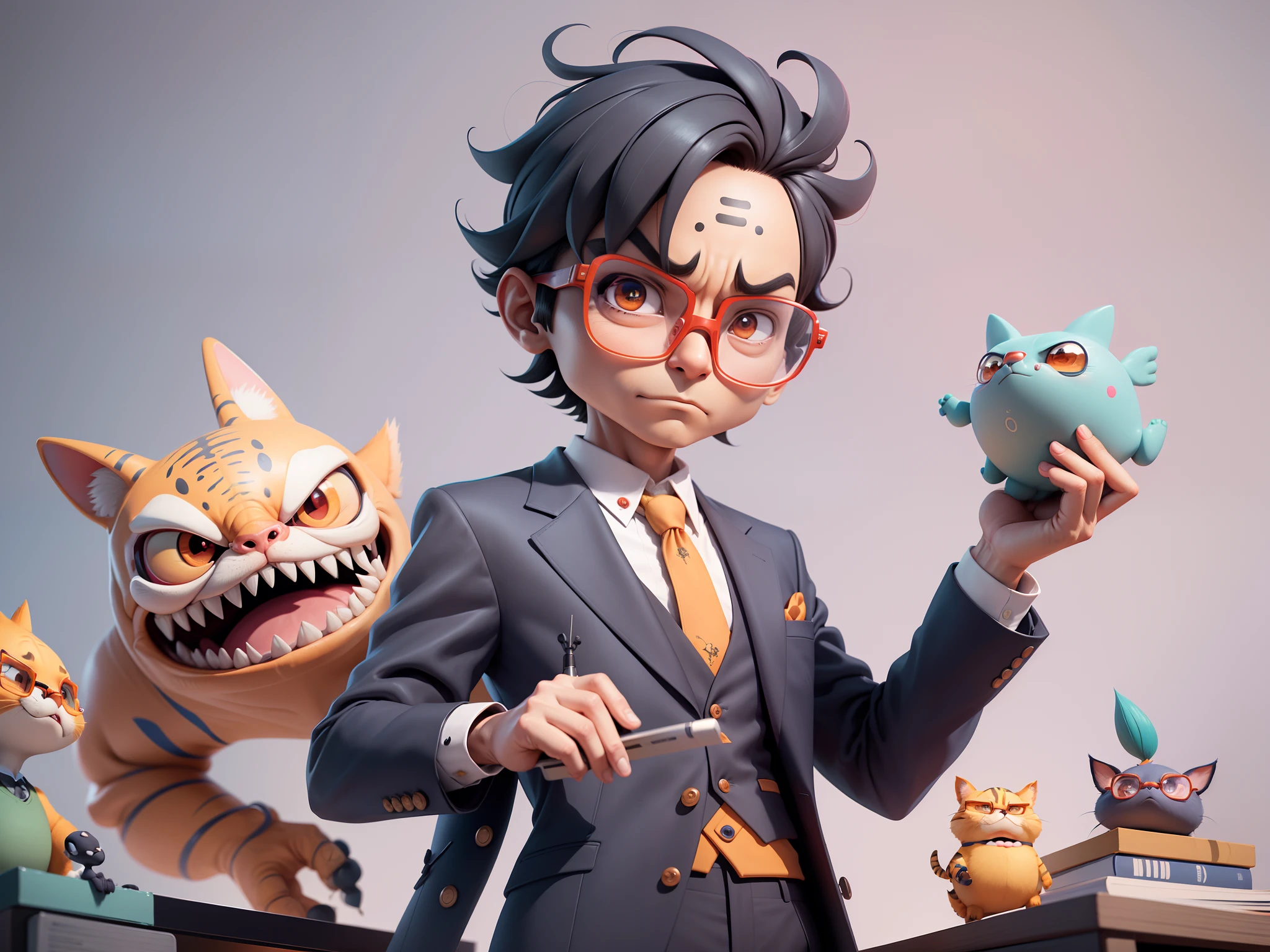 A young man in a suit, Short hair and glasses sat at his desk，holding laptop，digitial painting，tigre，3D character design by Mark Clairen and Pixar and Hayao Miyazaki and Akira Toriyama，4K HD illustration，Very detailed facial features and cartoon-style visuals。