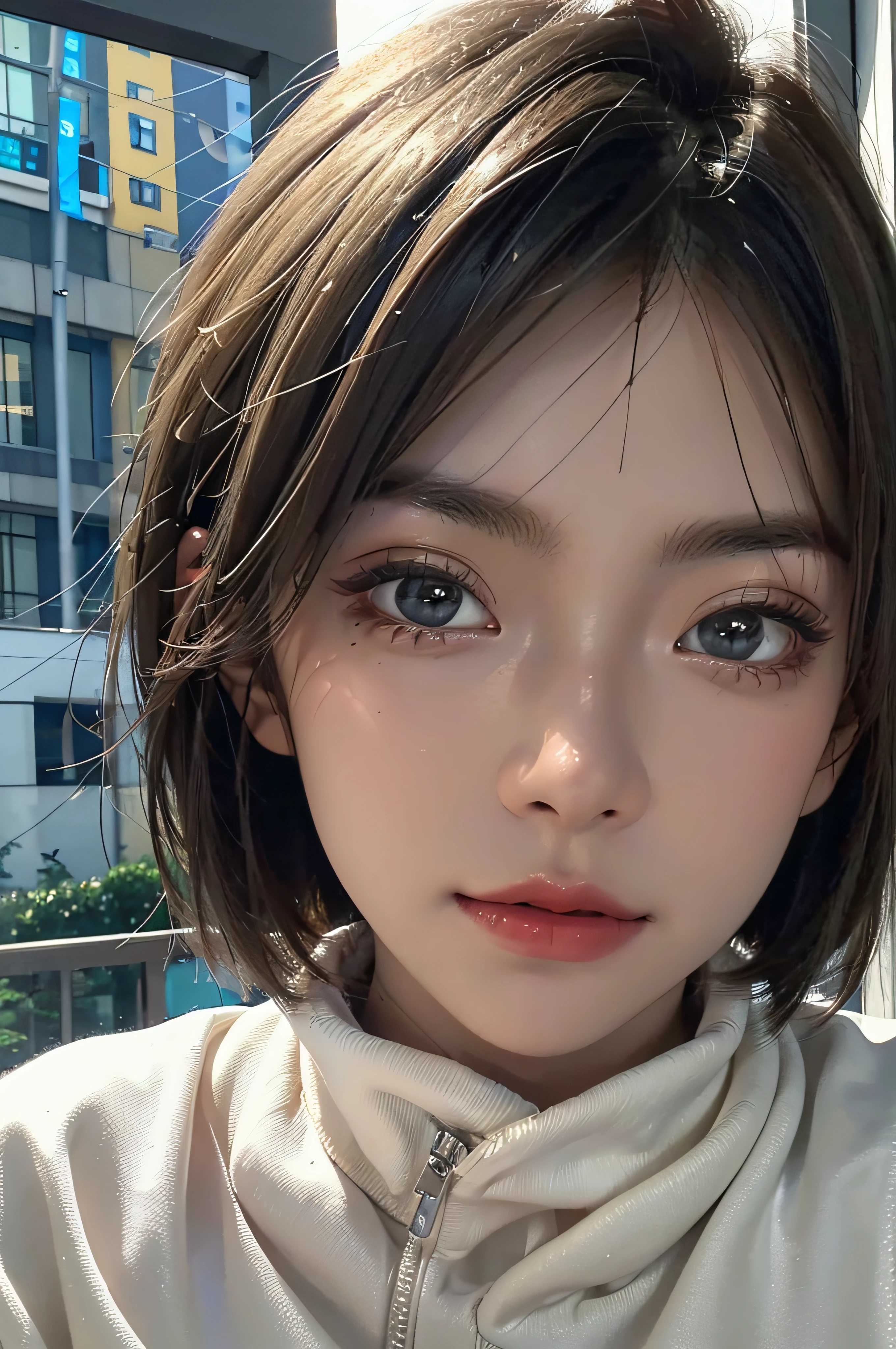 (Masterpiece:1.3), (8K, Photorealistic, RAW photo, Best quality: 1.4), (1girll), Beautiful face, (Realistic face), (Black hair, Short hair:1.3), Beautiful hairstyle, Realistic eyes, Beautiful detailed eyes, (Realistic skin), Beautiful skin, (Sweater), absurderes, Attractive, 超高分辨率, Ultra photo realsisim, Highly detailed, Golden ratio,mountains background ,Perspective selfie,