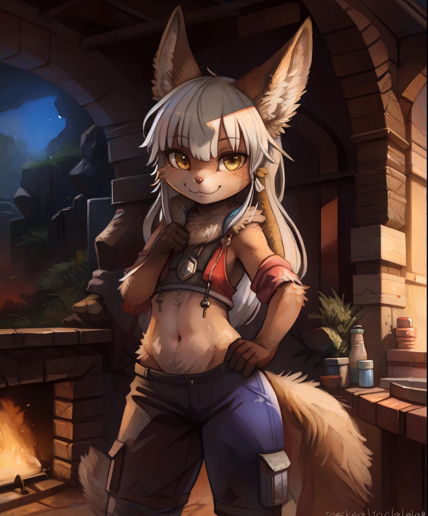 by kenket, by totesfleisch8, (by thebigslick, by silverfox5213:0.8), (by syuro:0.2), 1girl, solo, furry, nanachi \(made in abyss\), nanachipants, standing, looking at viewer, smile