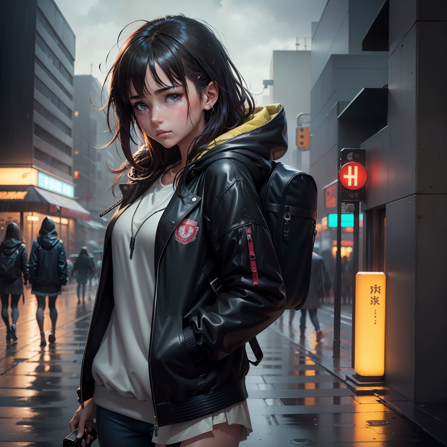 1girl, jacket, rain, outdoor, hoodie, open jacket, chain, backpack, looking at another, messy hair, trending on artstation, 8k resolution, highly detailed, anatomically correct, sharp image, digital painting, concept art, trending on pixiv, style of makoto shinkai,