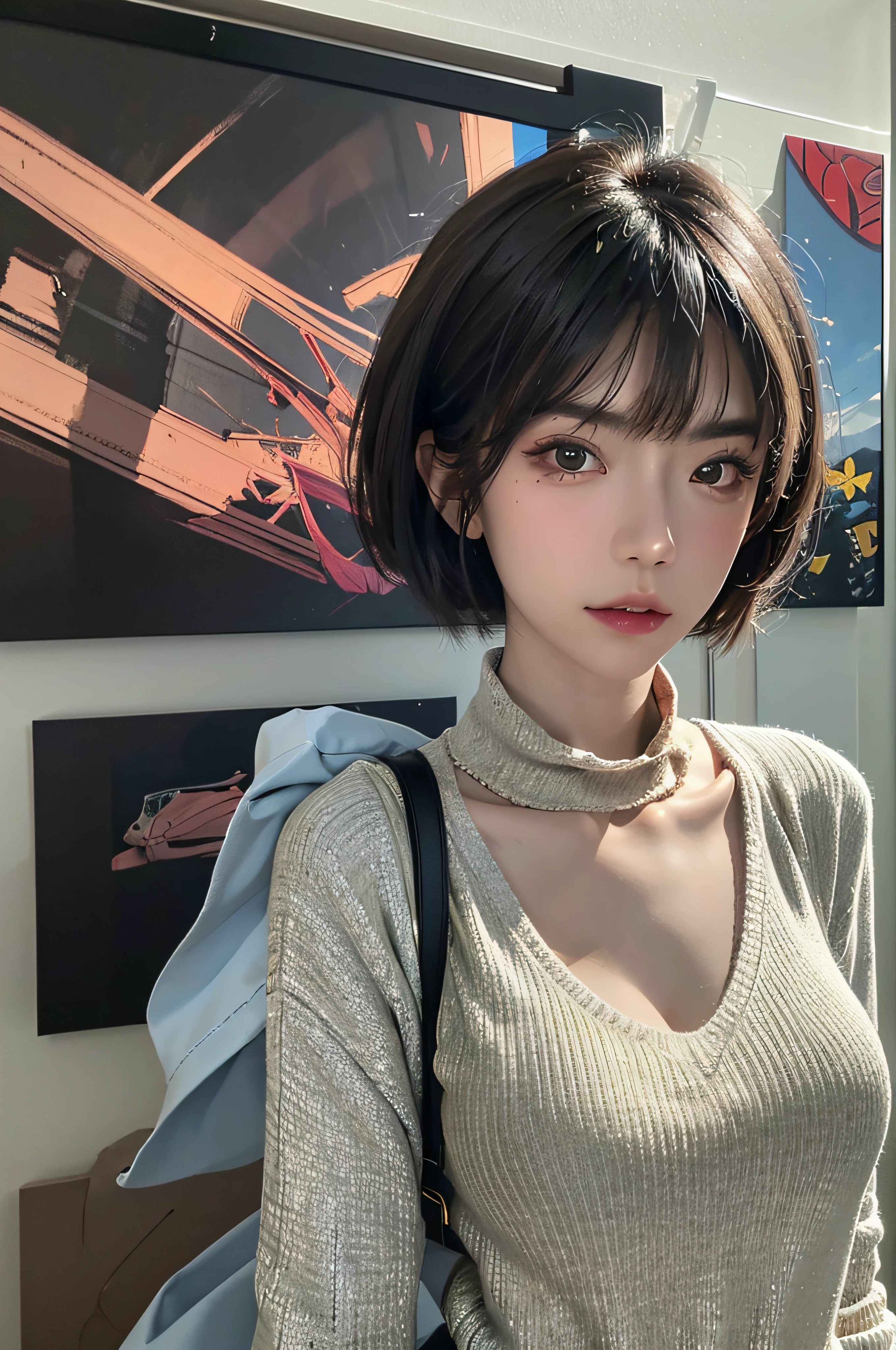 (Masterpiece:1.3), (8K, Photorealistic, RAW photo, Best quality: 1.4), (1girll), Beautiful face, (Realistic face), (Black hair, Short hair:1.3), Beautiful hairstyle, Realistic eyes, Beautiful detailed eyes, (Realistic skin), Beautiful skin, (Sweater), absurderes, Attractive, 超高分辨率, Ultra photo realsisim, Highly detailed, Golden ratio,mountains background ,Perspective selfie,