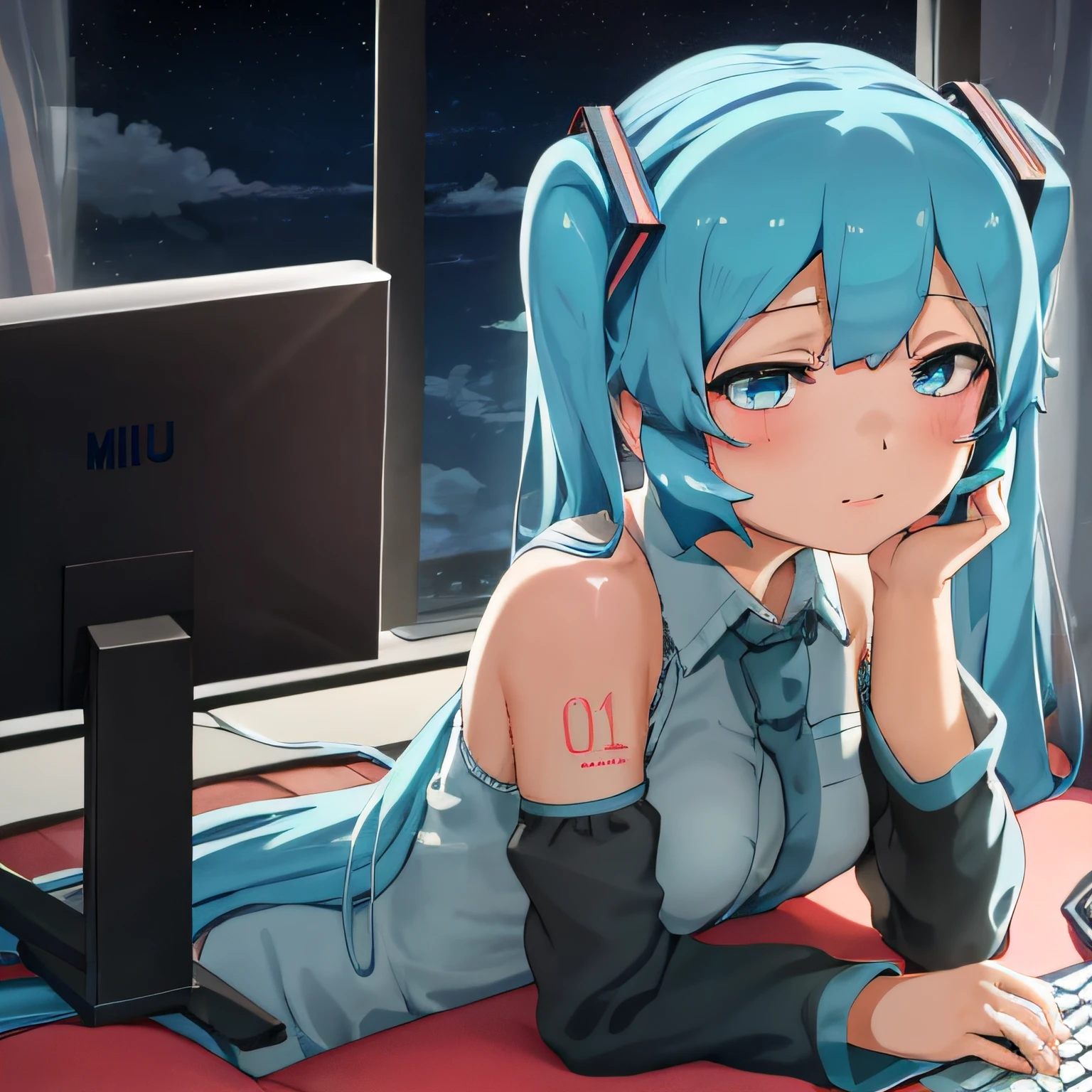 obra maestra, best_quality, 1girl, solo, abmayo, hatsune miku, fondo, escritorio, computadora, noche