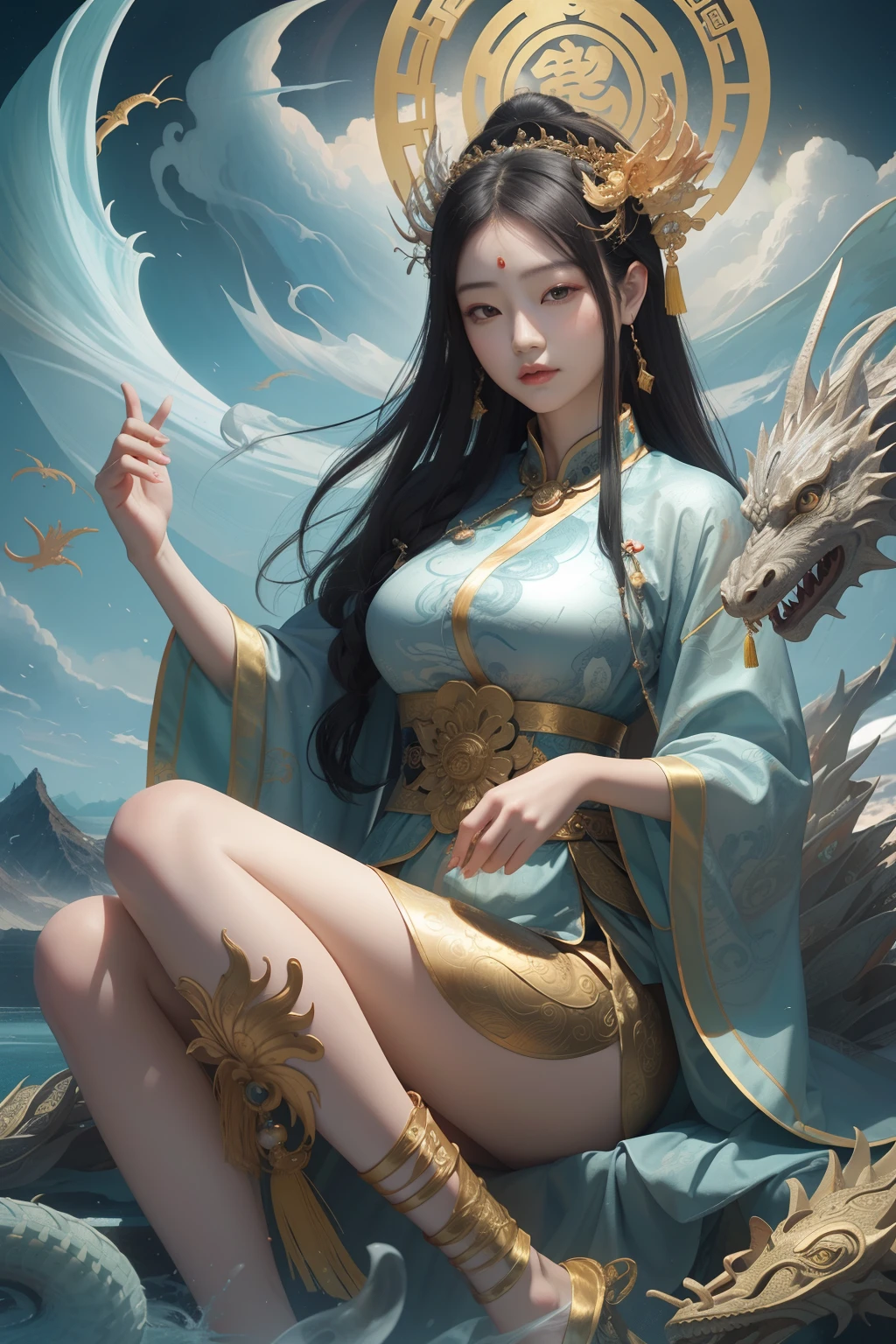an ancient Chinese goddess, guanyin of the southern seas, Guanyin, Inspired by China, Avalokiteshvara rides a dragon，,Serene expression,shui mo hua,Buddha,Buddhist,Lotus,Chinese painting style,Thangka style