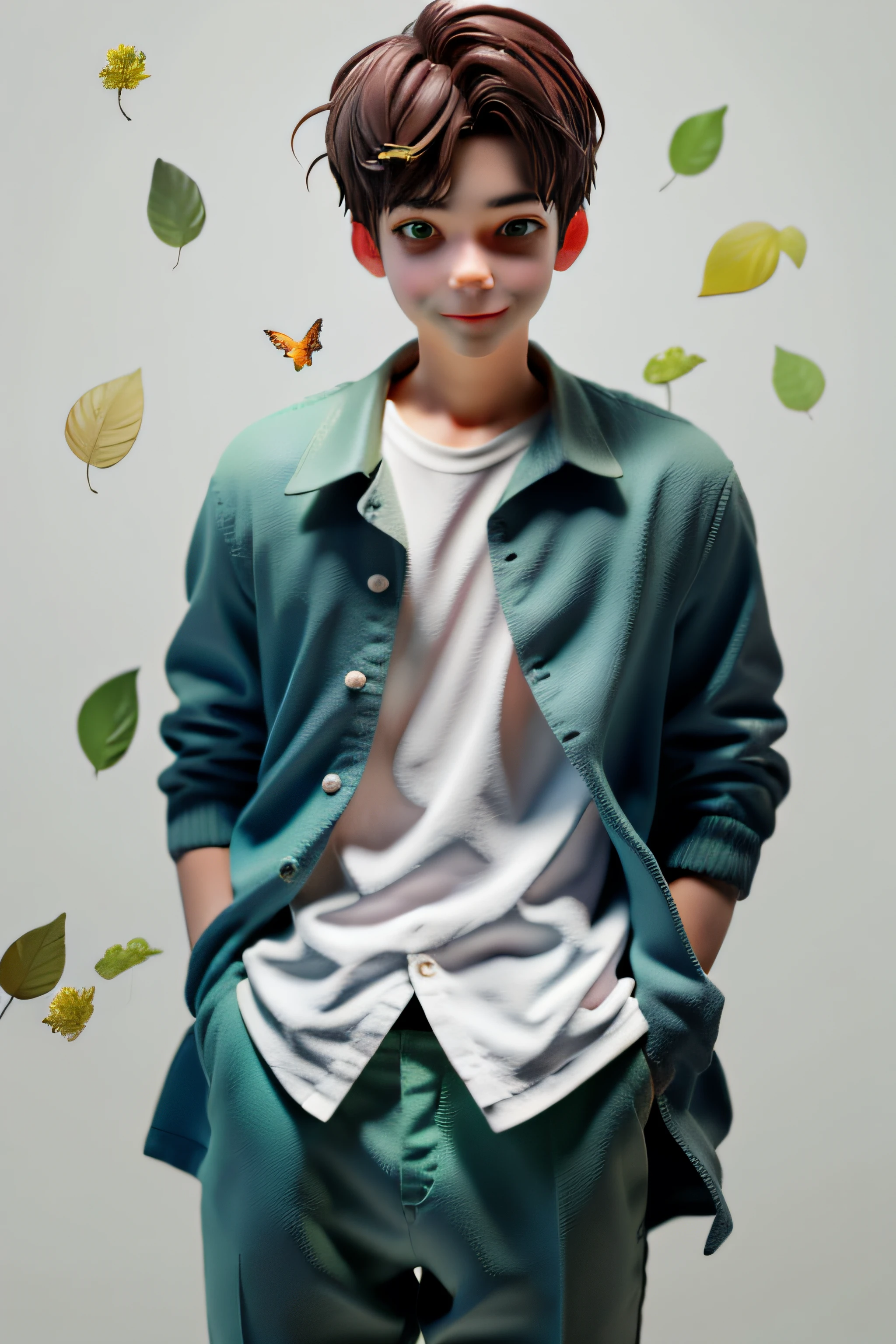 green leaf,jungles,Critters, Flowers, Birds,Boy in white shirt,A boy's face peeks out of the leaves,(Highest image quality), (The work of the master), (Hyper-detailing), (eye detailed: 1.0), (light flare lens: 1.0), (unwind, downy :1.2), (Light beauty details:1.0),(ssmile:1.0) , ({eyeslashes|eye shadows||}),