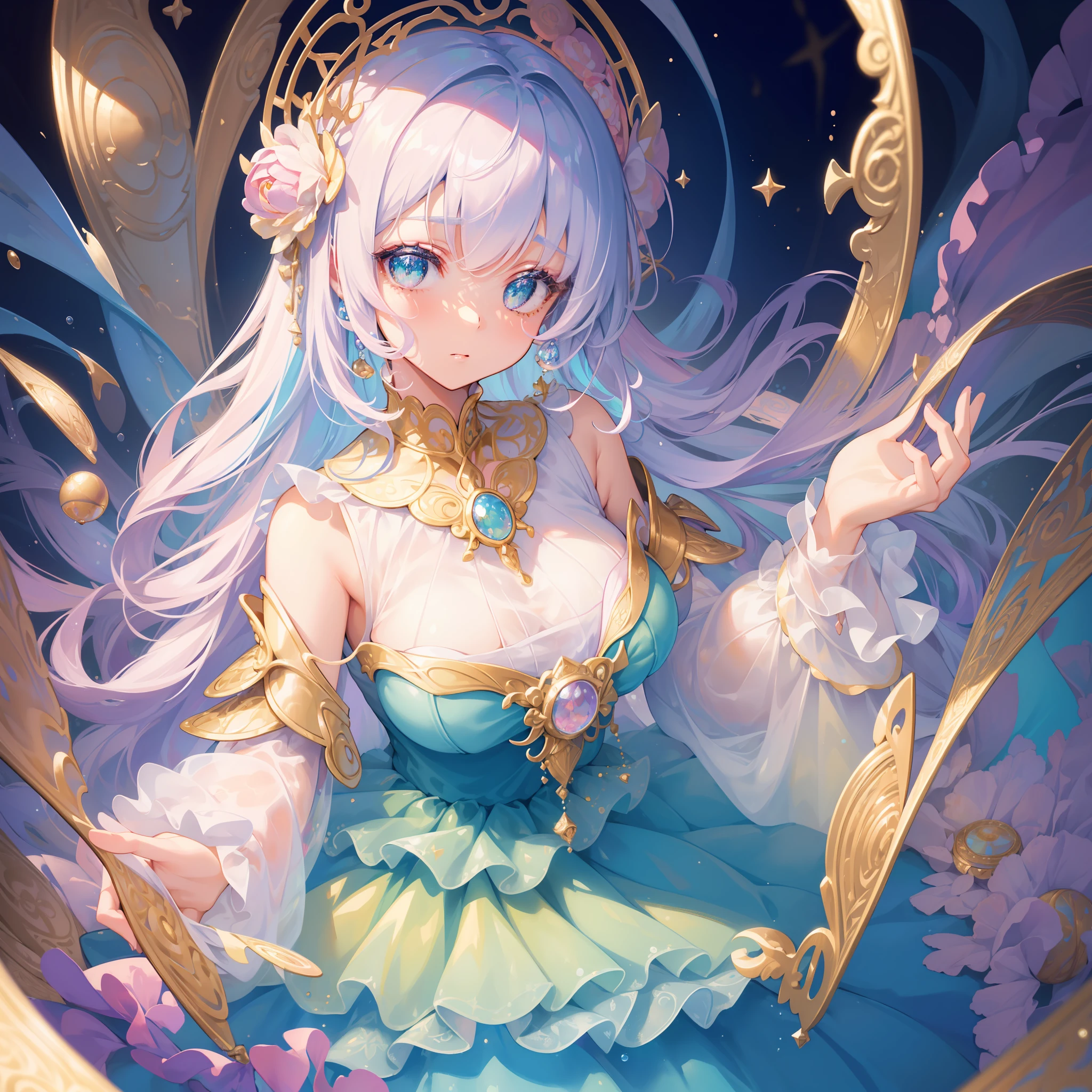 masterpiece, best quality, 8k resolution, sharp focus, intricate detail, beautiful girl, sparkling eyes, golden ratio face, otherworldly liquid, watercolor, pastel colors, bright colors, whimsical, colorful, sharp focus, high resolution, fine detail, ((layered tiered puffy long sleeves ballgown)), ((round eyes)), iridescent bubbles, fantasia background