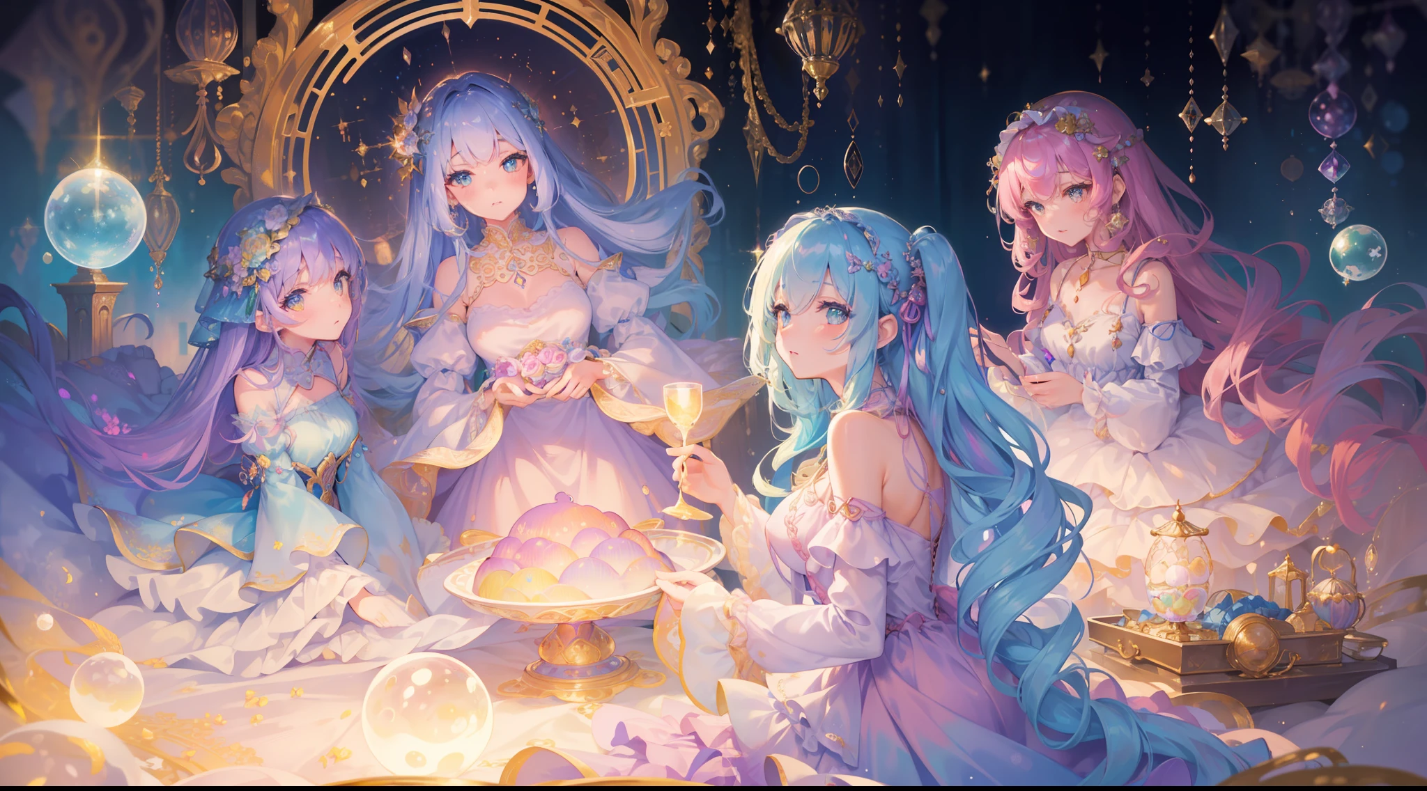masterpiece, best quality, 8k resolution, sharp focus, intricate detail, beautiful 3girls, sparkling eyes, golden ratio face, otherworldly liquid, watercolor, pastel colors, bright colors, whimsical, colorful, sharp focus, high resolution, fine detail, ((layered tiered puffy long sleeves ballgown)), ((round eyes)), iridescent bubbles, fantasia background