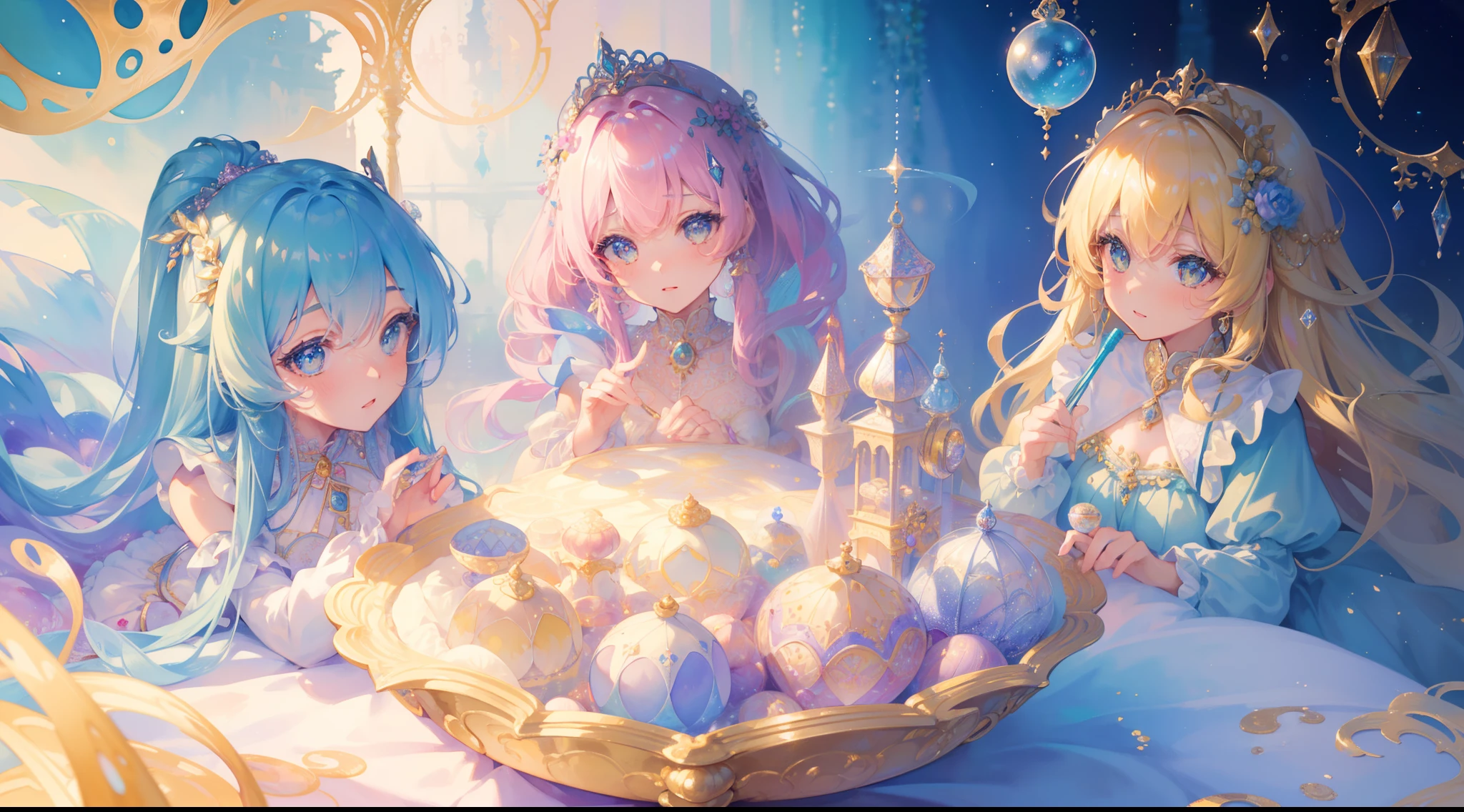 masterpiece, best quality, 8k resolution, sharp focus, intricate detail, beautiful 3girls, sparkling eyes, golden ratio face, otherworldly liquid, watercolor, pastel colors, bright colors, whimsical, colorful, sharp focus, high resolution, fine detail, ((layered tiered puffy long sleeves ballgown)), ((round eyes)), iridescent bubbles, fantasia background