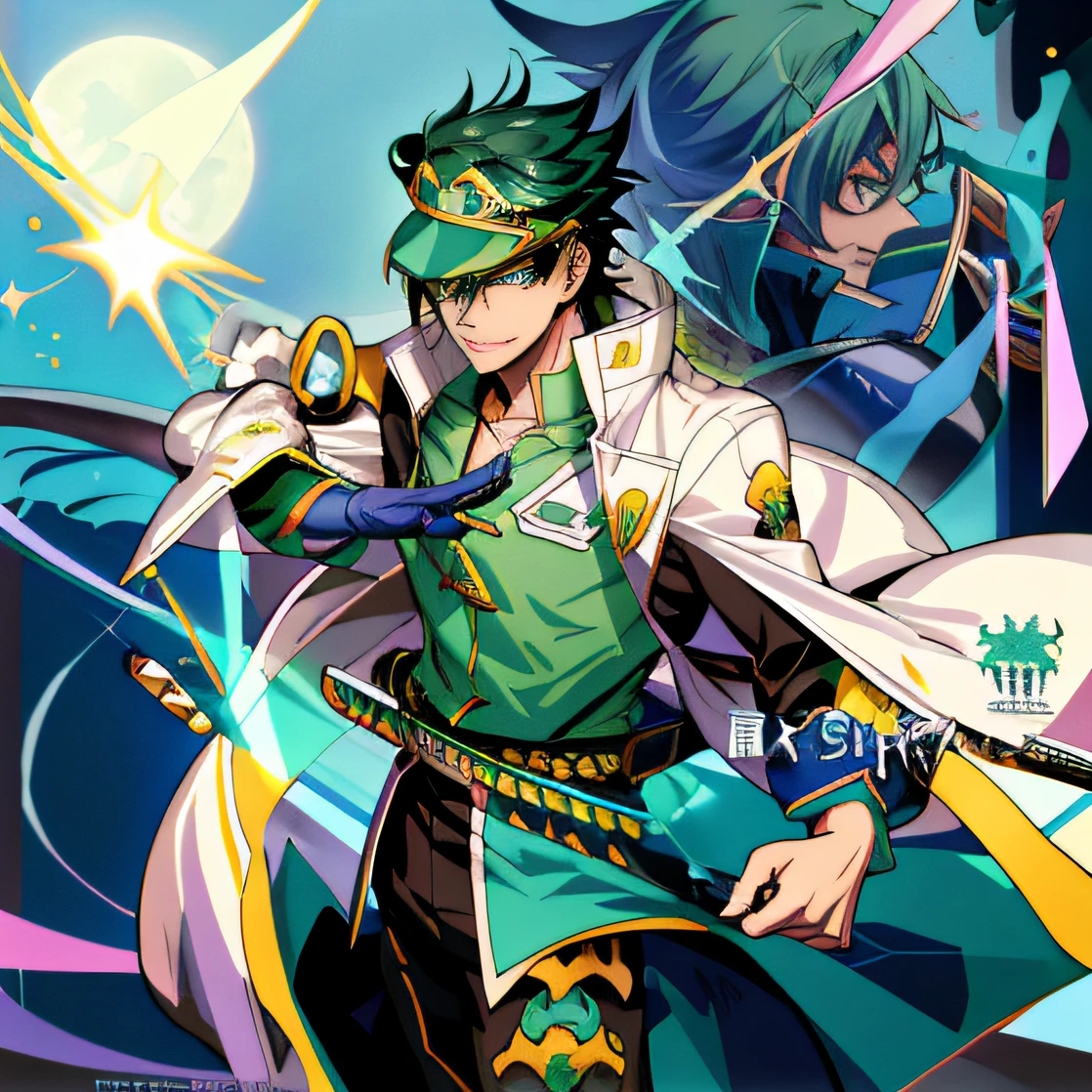 Anime characters with swords and green costumes before the full moon, Official artwork, casimir art, Official anime artwork, high detailed official artwork, hero 2 d fanart artsation, An anime cover, Key anime art, trigger anime artstyle, offcial art, Keqing from Genshin Impact, shigenori soejima illustration, author：Kitasan Okada