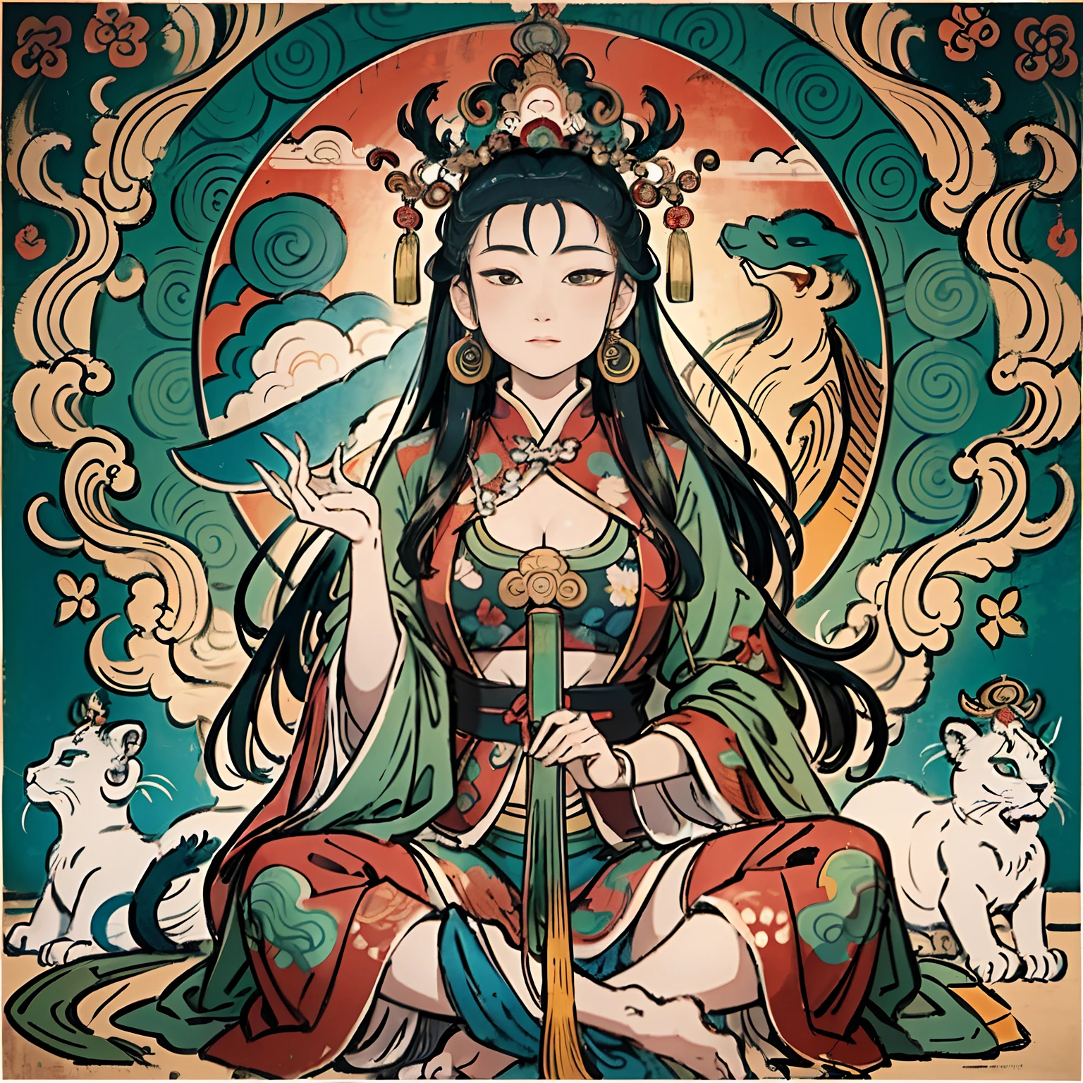 an ancient Chinese goddess, guanyin of the southern seas, Guanyin, Inspired by India, Avalokiteshvara rides a lion,,Serene expression,shui mo hua,Buddha,Buddhist,Lotus,Chinese painting style,Thangka style