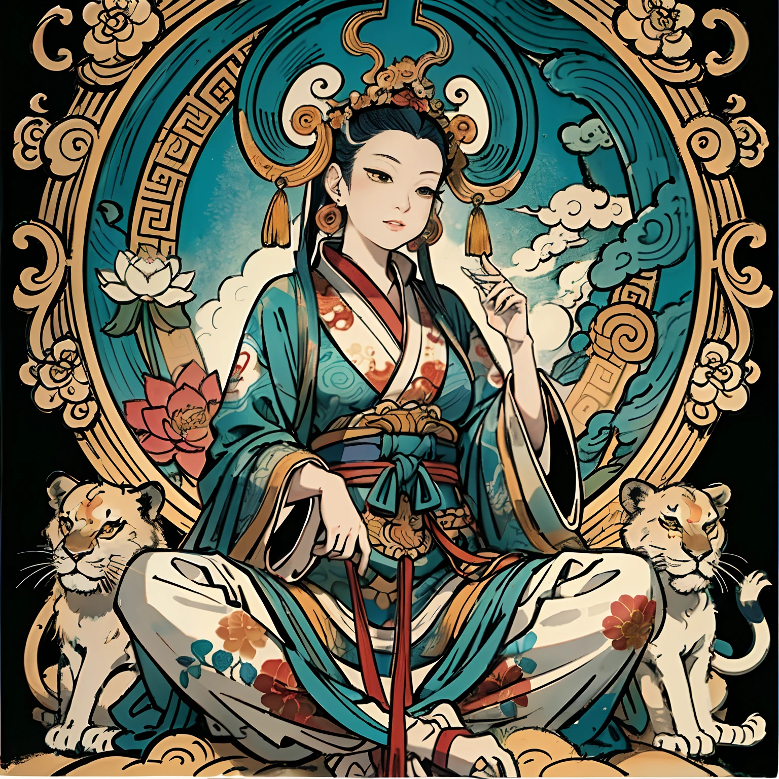 an ancient Chinese goddess, guanyin of the southern seas, Guanyin, Inspired by India, Avalokiteshvara rides a lion,,Serene expression,shui mo hua,Buddha,Buddhist,Lotus,Chinese painting style,Thangka style