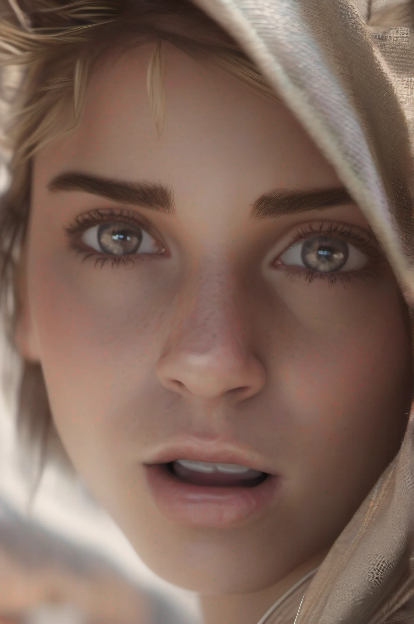 raw photography with realistic face in A girl looks at you in surprise, 8k render