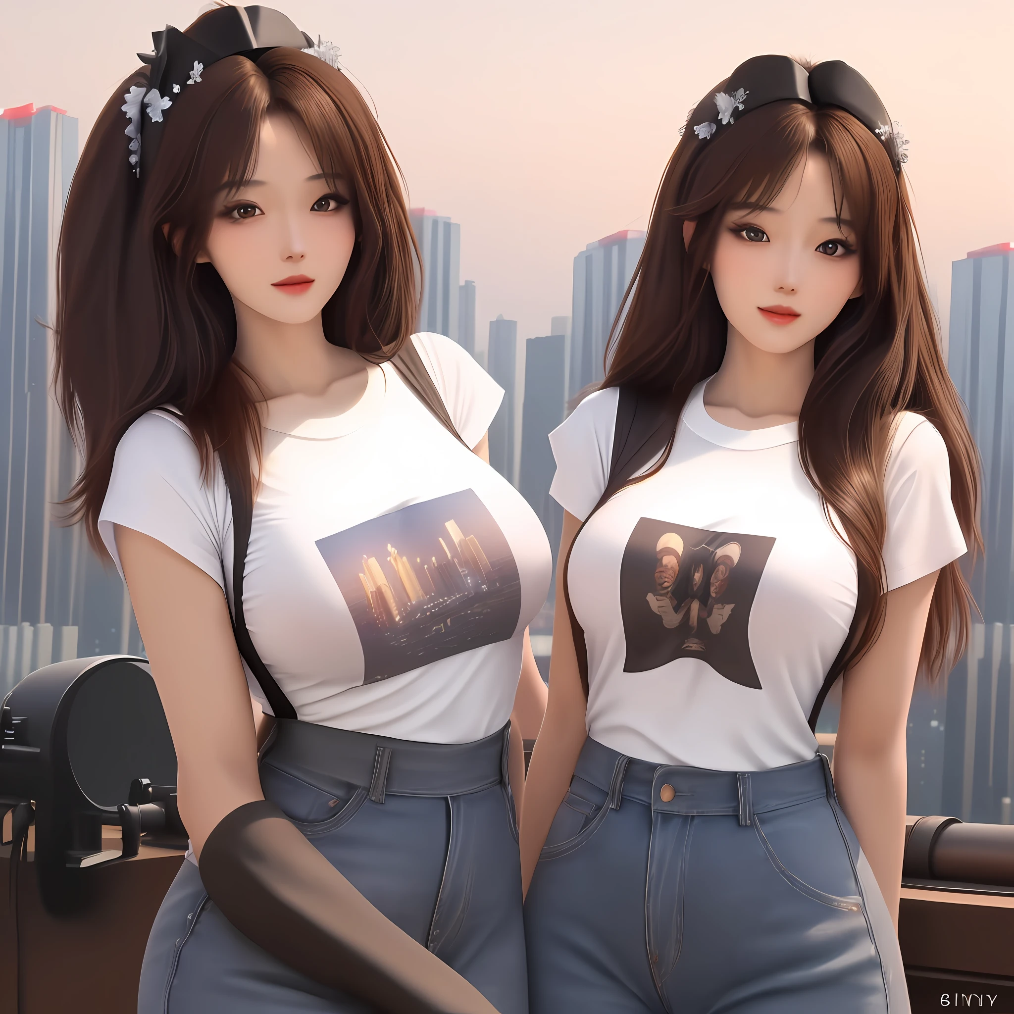((Midnight, Best quality, 8k, Masterpiece :1.3)), Whole body, Long legs, Sharp focus :1.2, A pretty woman with perfect figure :1.4, Slender abs :1.1, ((Dark brown hair, Big breasts :1.2)), (White tight tshirt, Jean bib, Standing:1.2), ((Night city view, Rooftop:1.3)), Highly detailed face and skin texture, Detailed eyes, Double eyelid