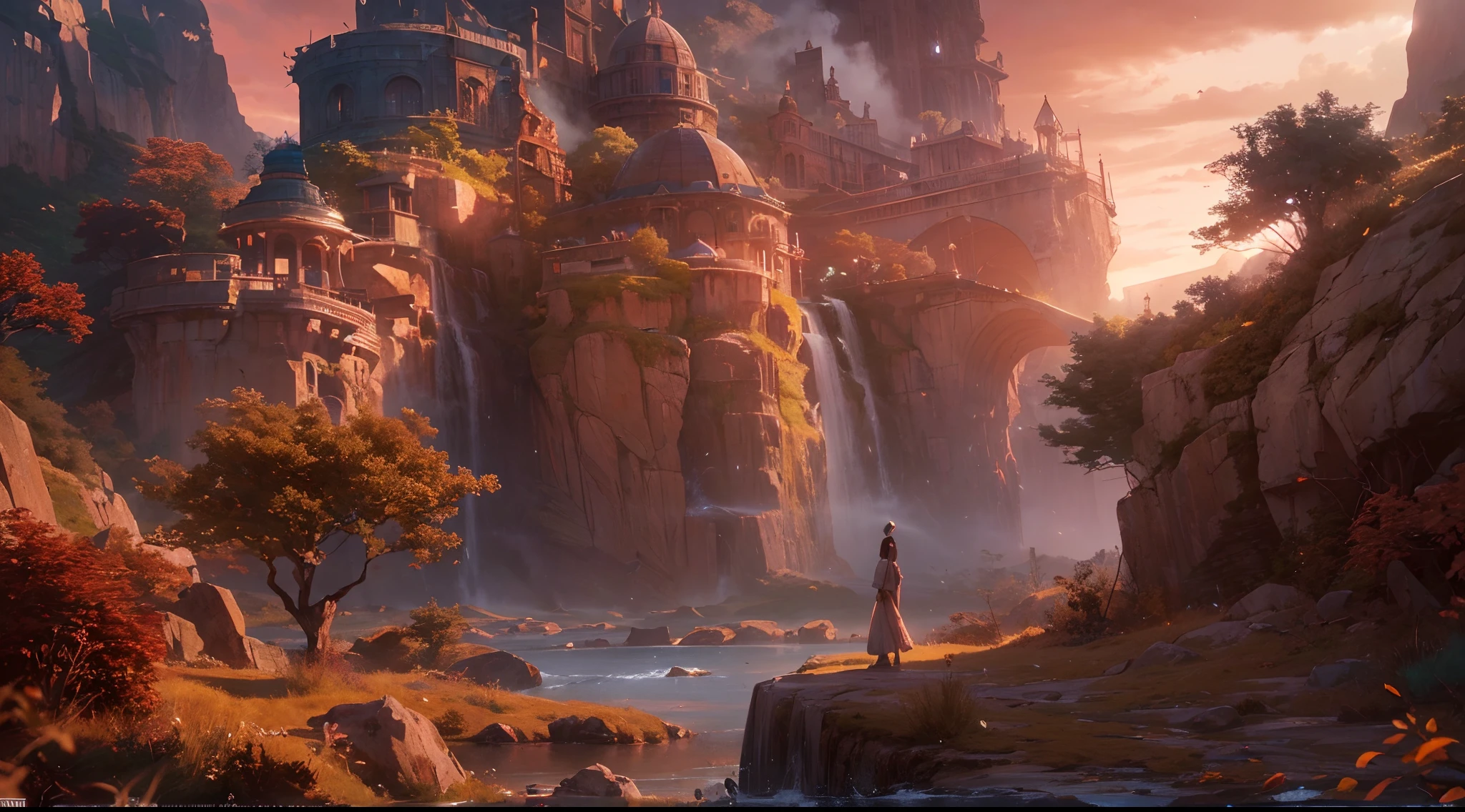 (by Greg Rutkowski: 1.2), (ultra-detailed CG unity 8k wallpaper, masterpiece, best quality, depth of field, HDR, intricate), delicate, Craft a mesmerizing and otherworldly realm, filled with vivid hues, majestic, and enchanting landscapes, (no human), sharp focus, post processing, impressive