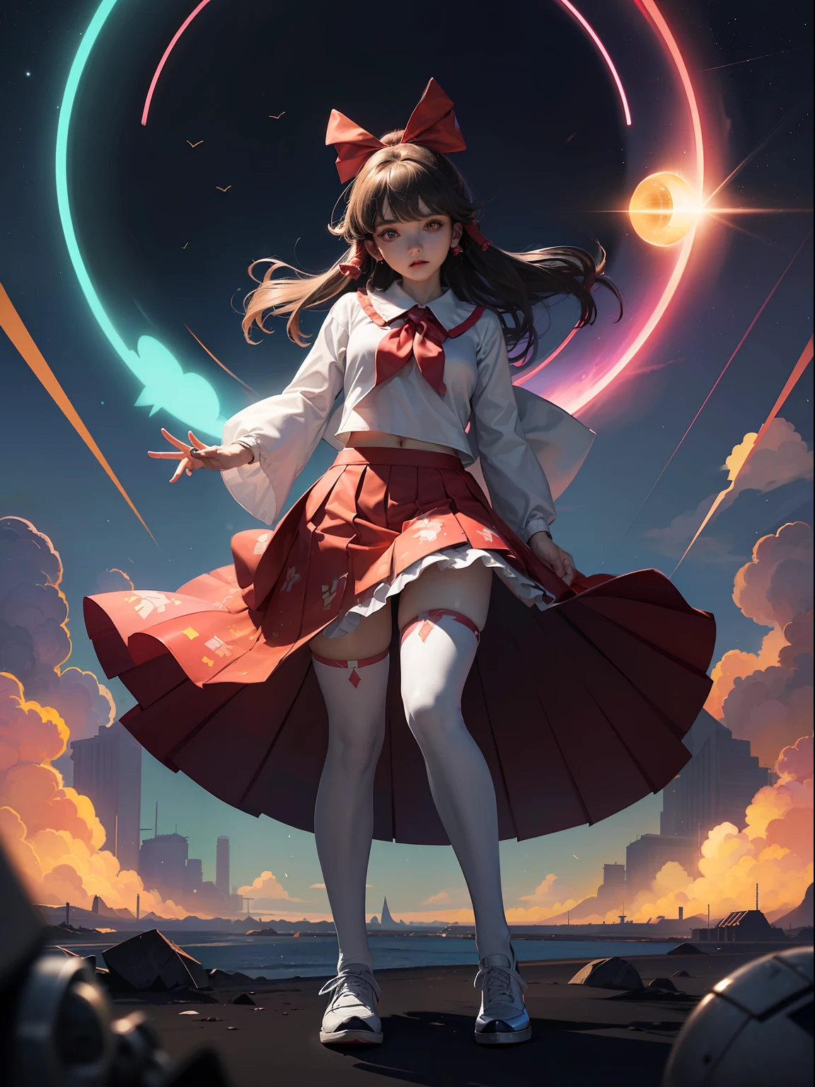 (full body:1.5),(1girl:1.3),(looking at viewer:1.4),(anatomy correct:1.3),(In the paradise of the day:1.3),(Wearing The Reimu Hakurei Iron Man Set mix Superman Set JK uniform printed Ultra short pleated skirt and JK uniform leather shoes with bow decoration ,and Very thick Printed ta Pantyhose :1.35), (Light particle effect:1.3),(In pink | amarelo | blue colors| green color |red colors | white colors| black in color| purpleish color| greys| Beige| Flesh color 1.4),(Glowing eyes:1.3),(Large amplitude action: 1.3),(Accurate and perfect face:1.4),(Clothing Gloss:1.25),(Skin reflection:1.25),hyper HD, Ray traching, reflective light,structurally correct, Award-Awarded, high detal, lightand shade contrast, Face lighting,cinmatic lighting, tmasterpiece, super detailing, high high quality, high detal, best qualityer, 16k,high contrast,