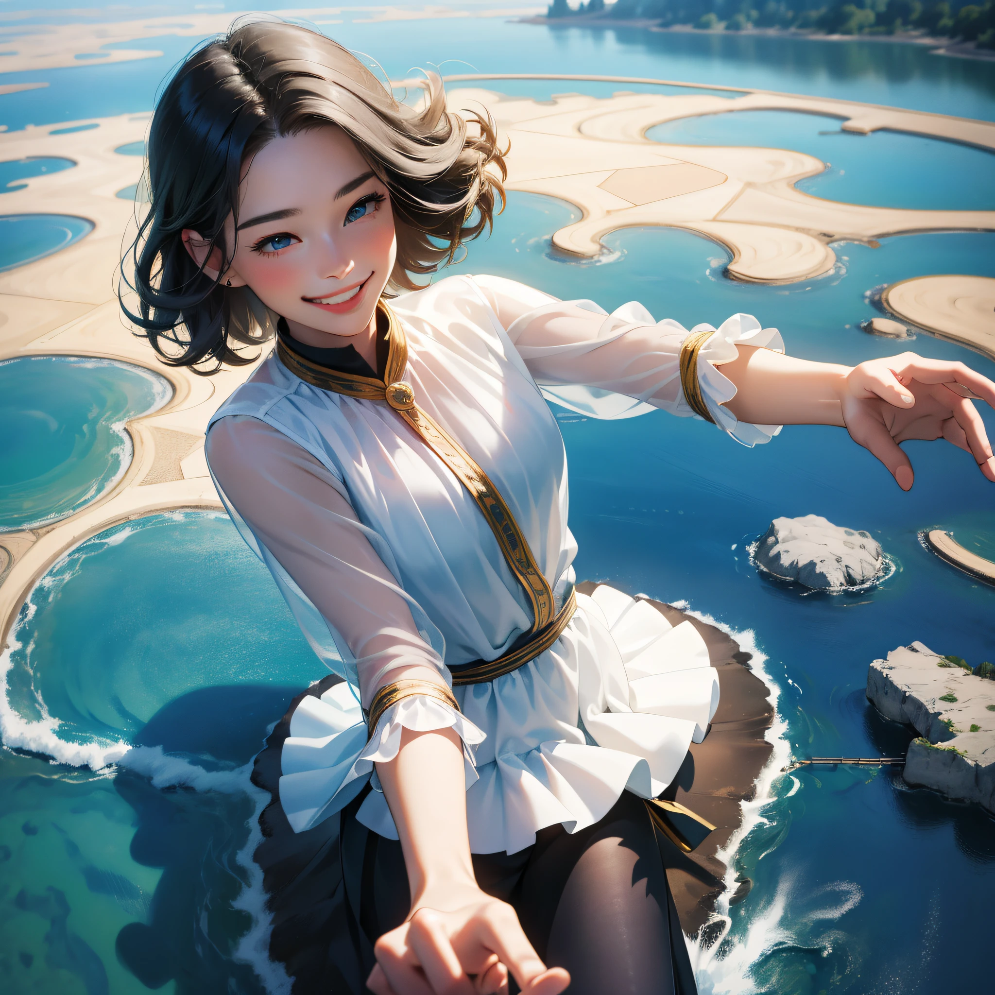 (in 8K、top-quality、masterpiece:1.2)、1人の女性、(Smiling smile:1.1)、beautidful eyes、Valley、The upper part of the body、shorth hair、Like a boy 、Quirk hair、short-cut、Silver View、