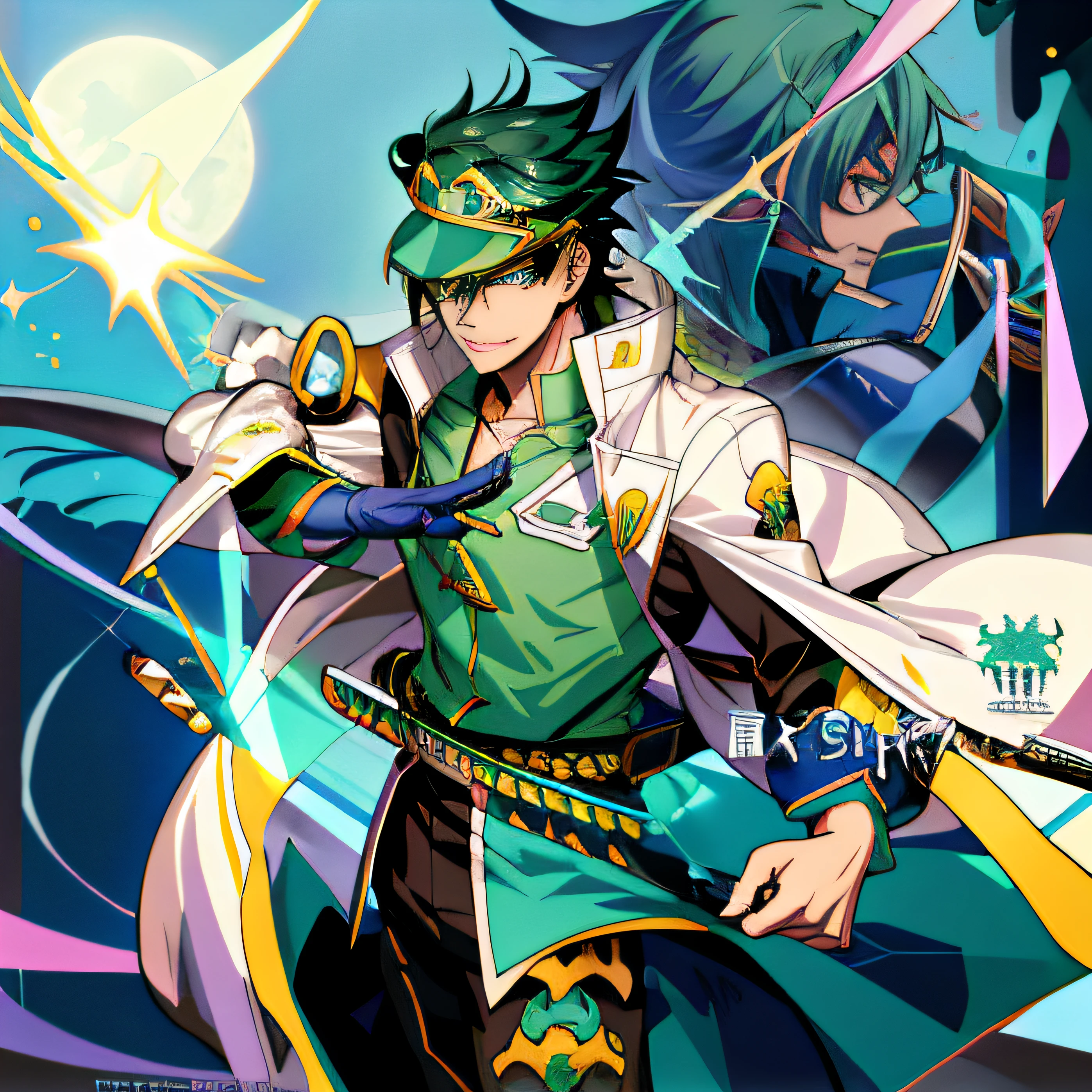 Anime characters with swords and green costumes before the full moon, Official artwork, casimir art, Official anime artwork, high detailed official artwork, hero 2 d fanart artsation, An anime cover, Key anime art, trigger anime artstyle, offcial art, Keqing from Genshin Impact, shigenori soejima illustration, author:Kitasan Okada